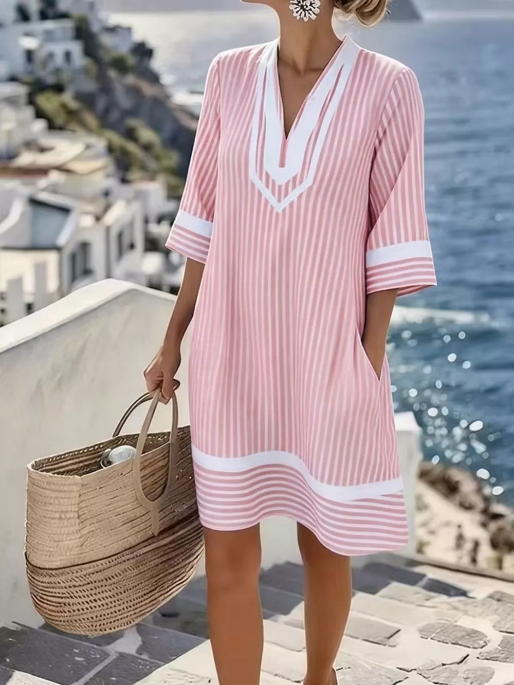 Full Size Striped V-Neck Casual Dress Plus Size, image 4