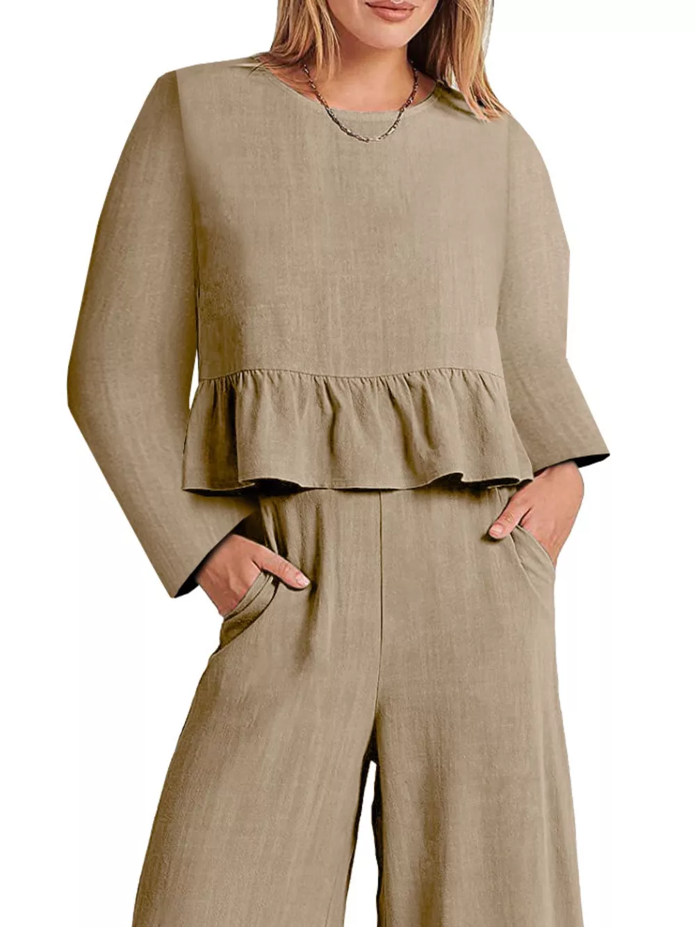 Full Size Ruffled Hem Long Sleeve Top and Pants Set Plus Size, image 14