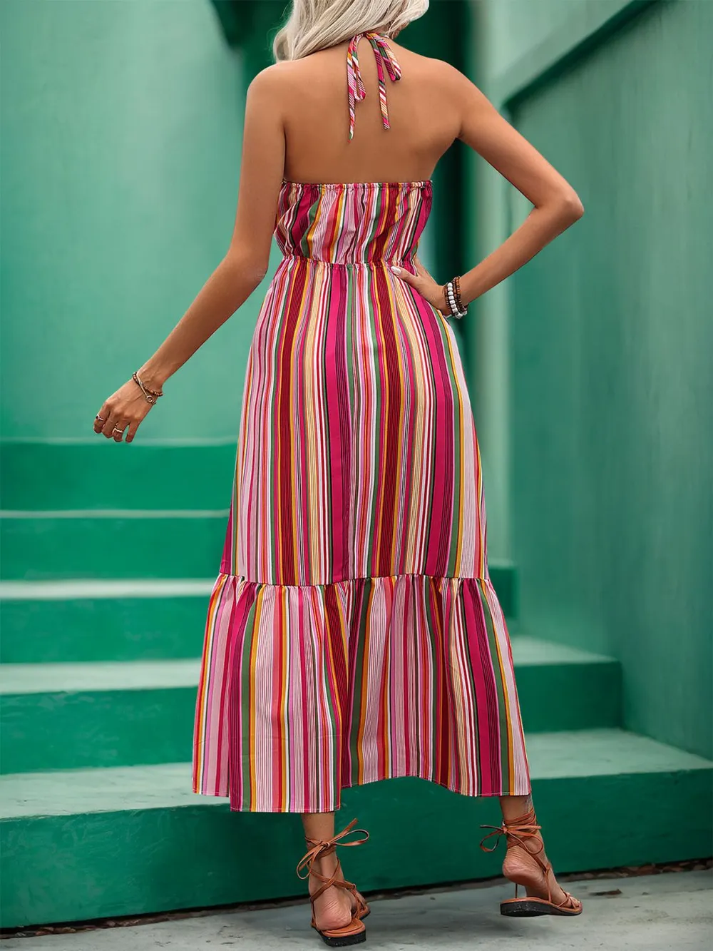 Lace Detail Striped Halter Neck Midi Dress, image 5