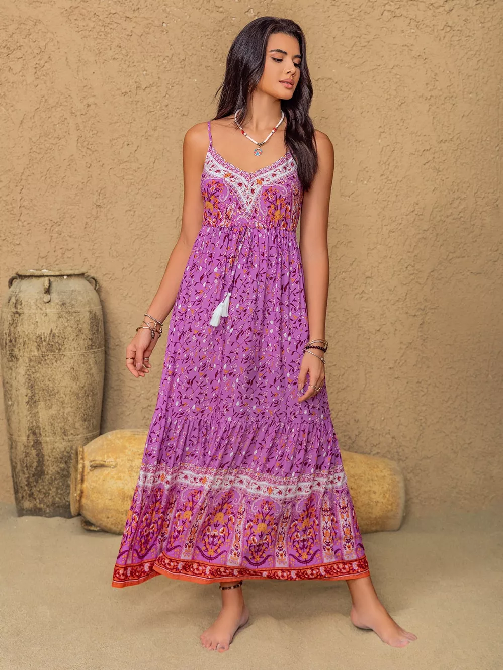 Tassel Floral Print Cami Dress