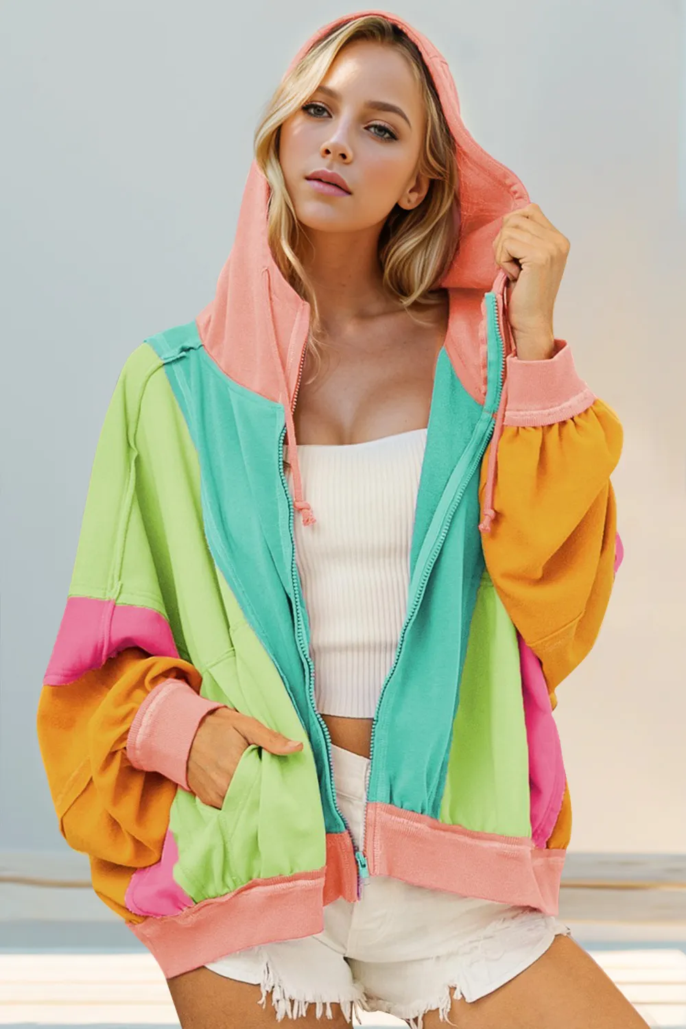 Full Size Color Block Zip Up Hoodie, image 5