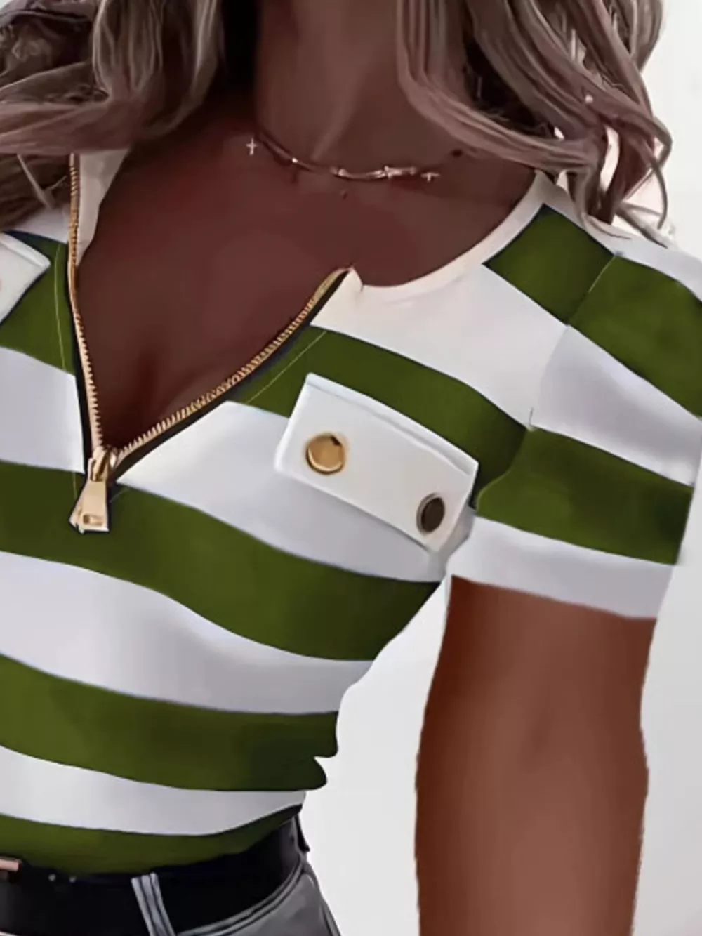 Striped Zipper Front Short Sleeve T-Shirt, image 2