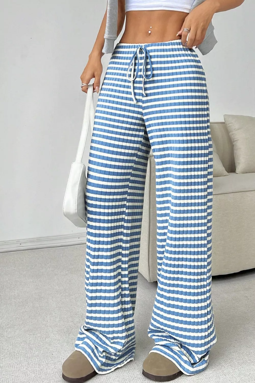 Ribbed Knit Drawstring Wide Leg Pants, image 16
