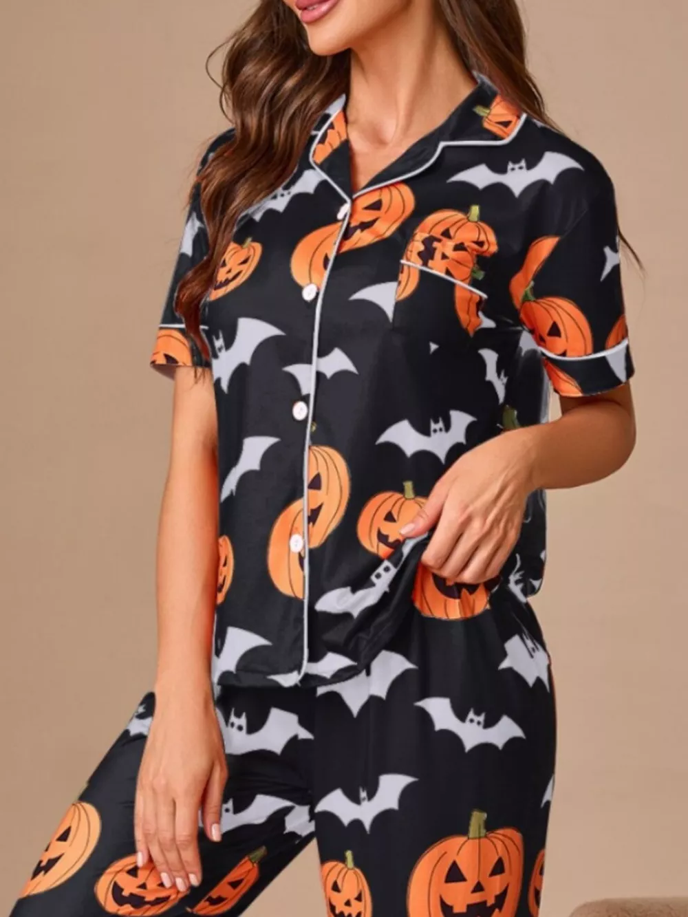 Halloween Pumpkin and Bat Print Button-Down Top and Pants Lounge Set, image 10