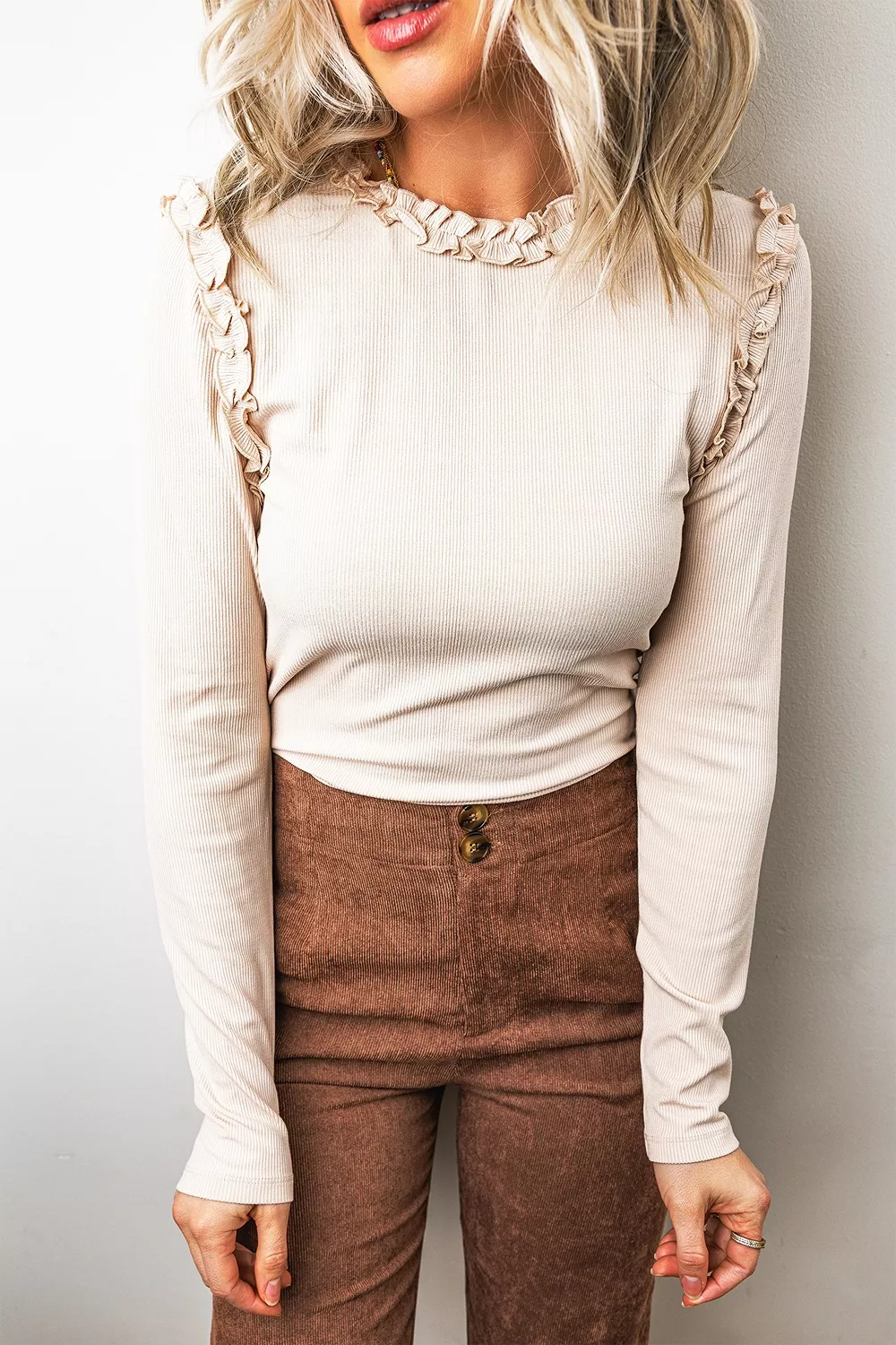 Solid Color Round Neck Frill Detail Long Sleeve Top, image 2