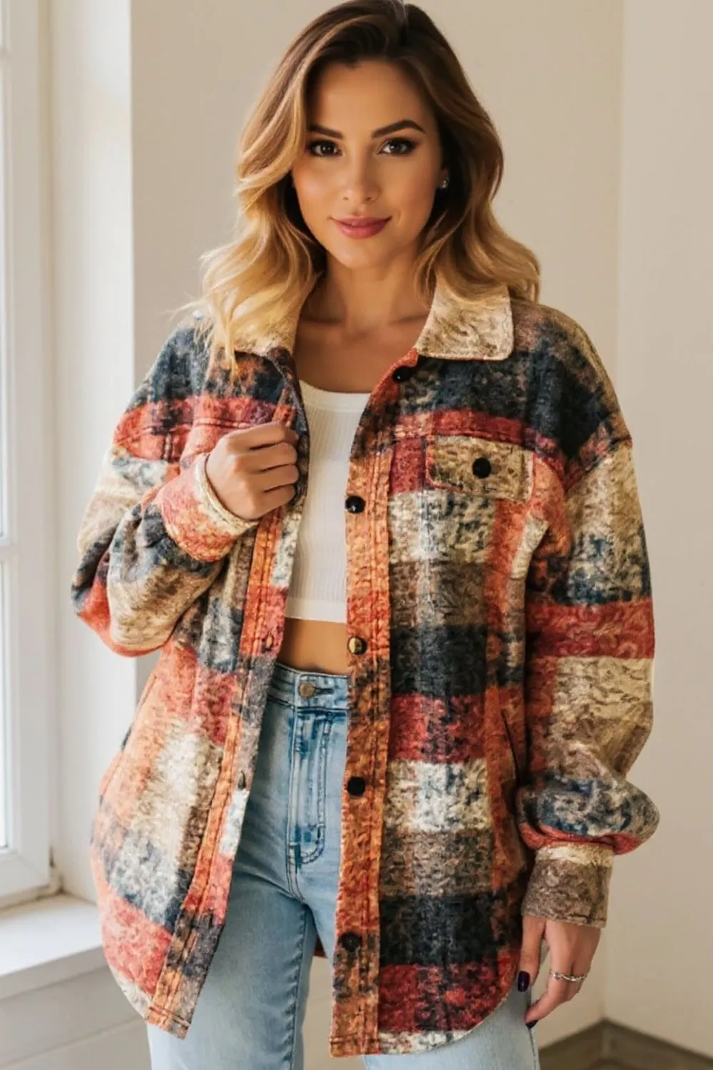 Button Up Plaid Fleece Shacket with Pockets