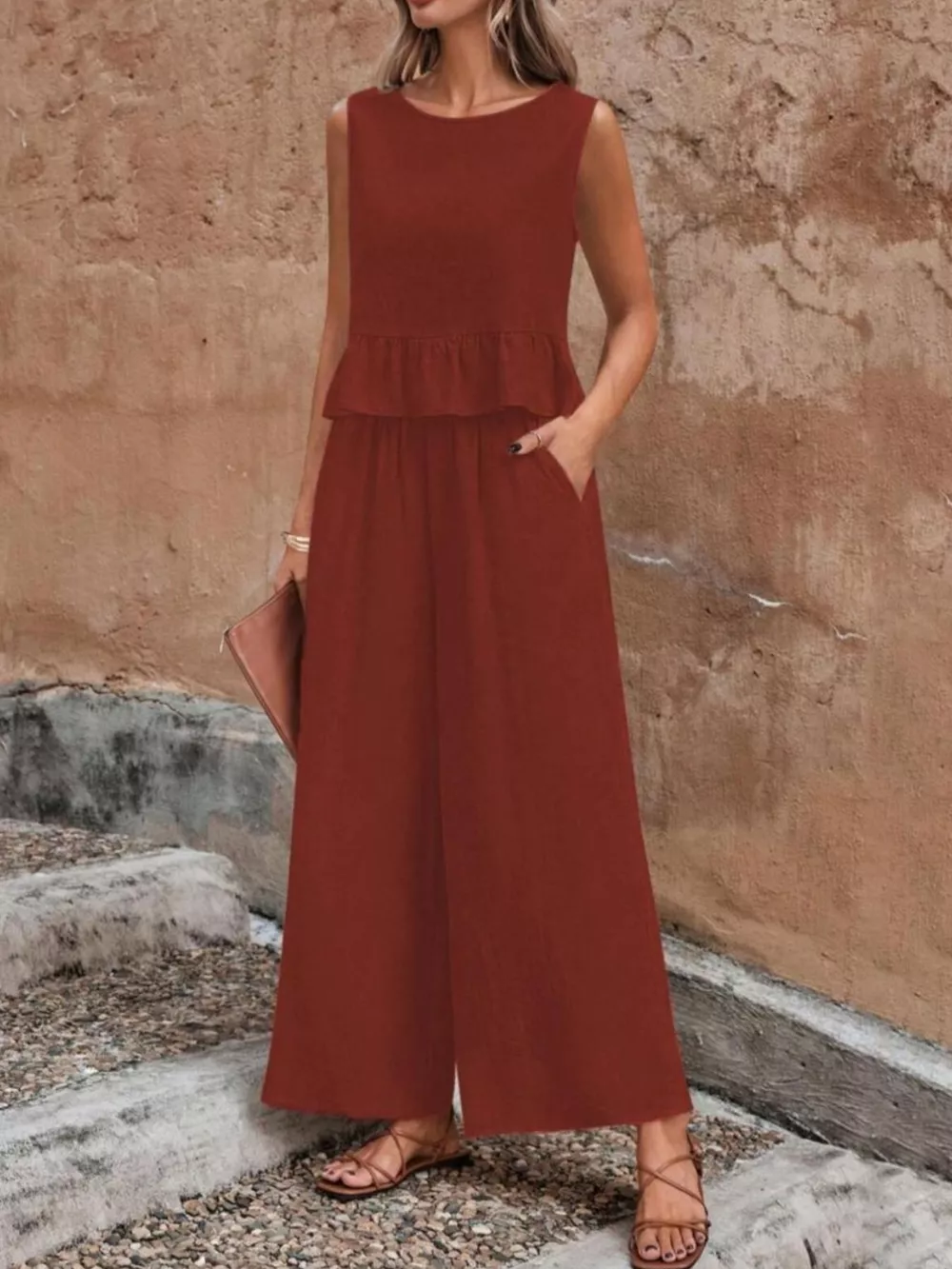 Sleeveless Ruffle Hem Top and Wide Leg Pants Two-Piece Set, image 18