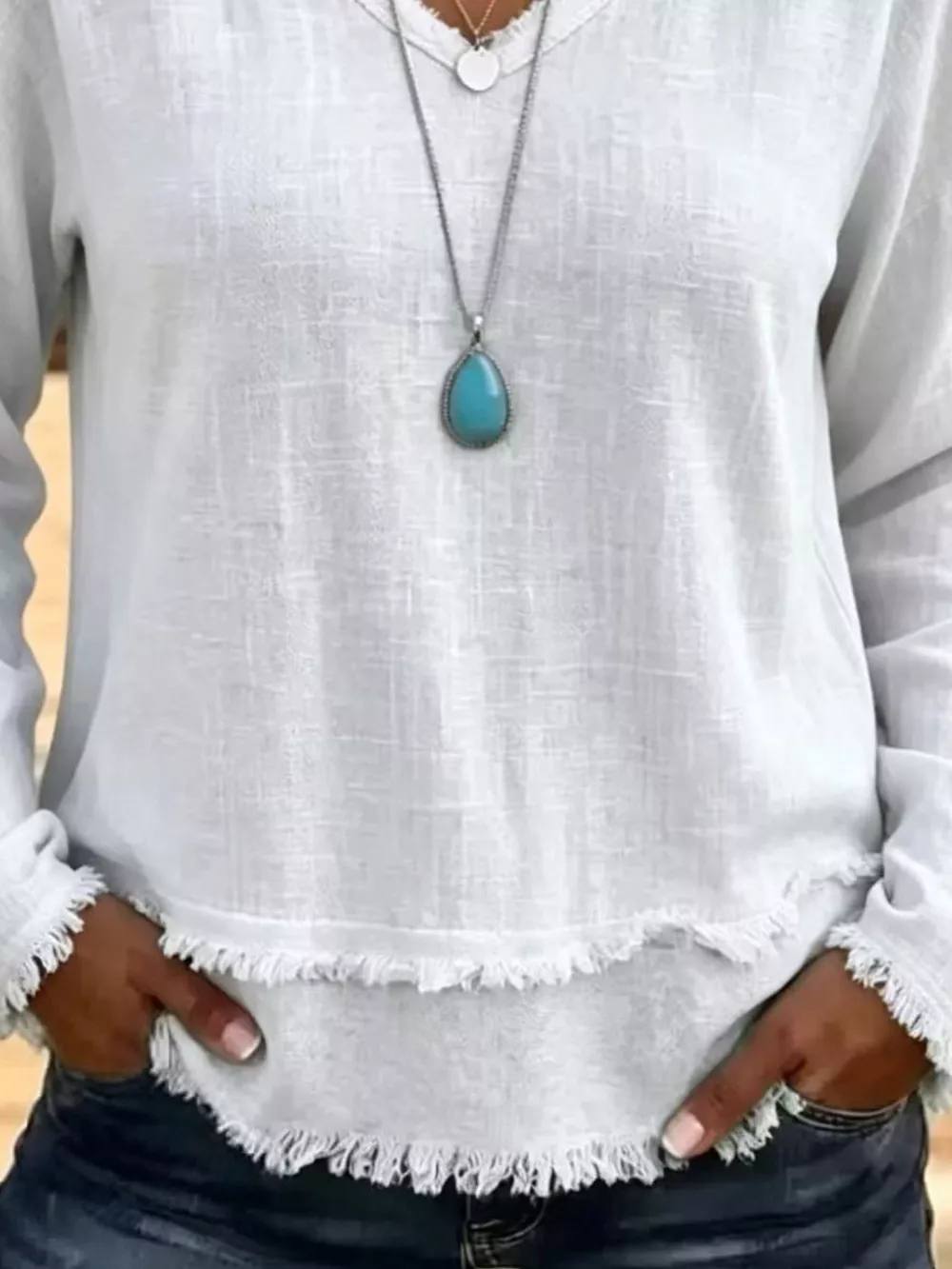 V-Neck Frayed Hem Long Sleeve T-Shirt, image 15