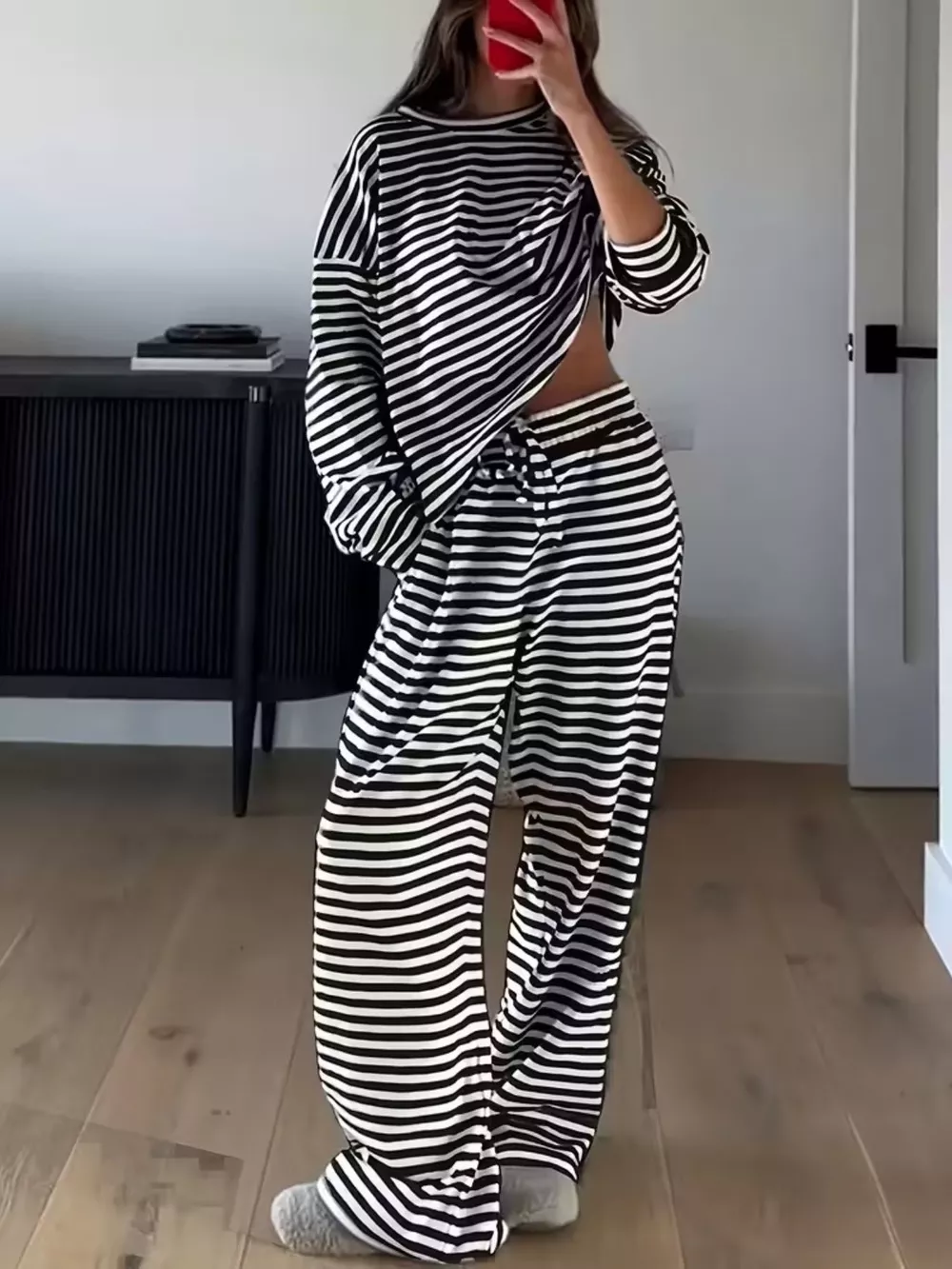 Striped Round Neck Top and Pants Set, image 3