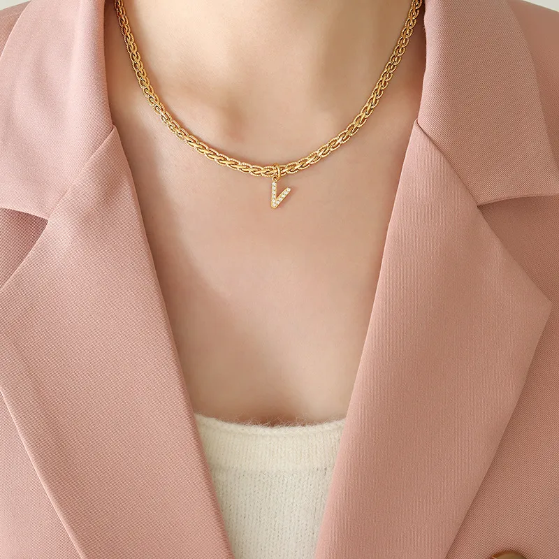 Brass Inlaid Zircon Letter Pendant Necklace, image 8