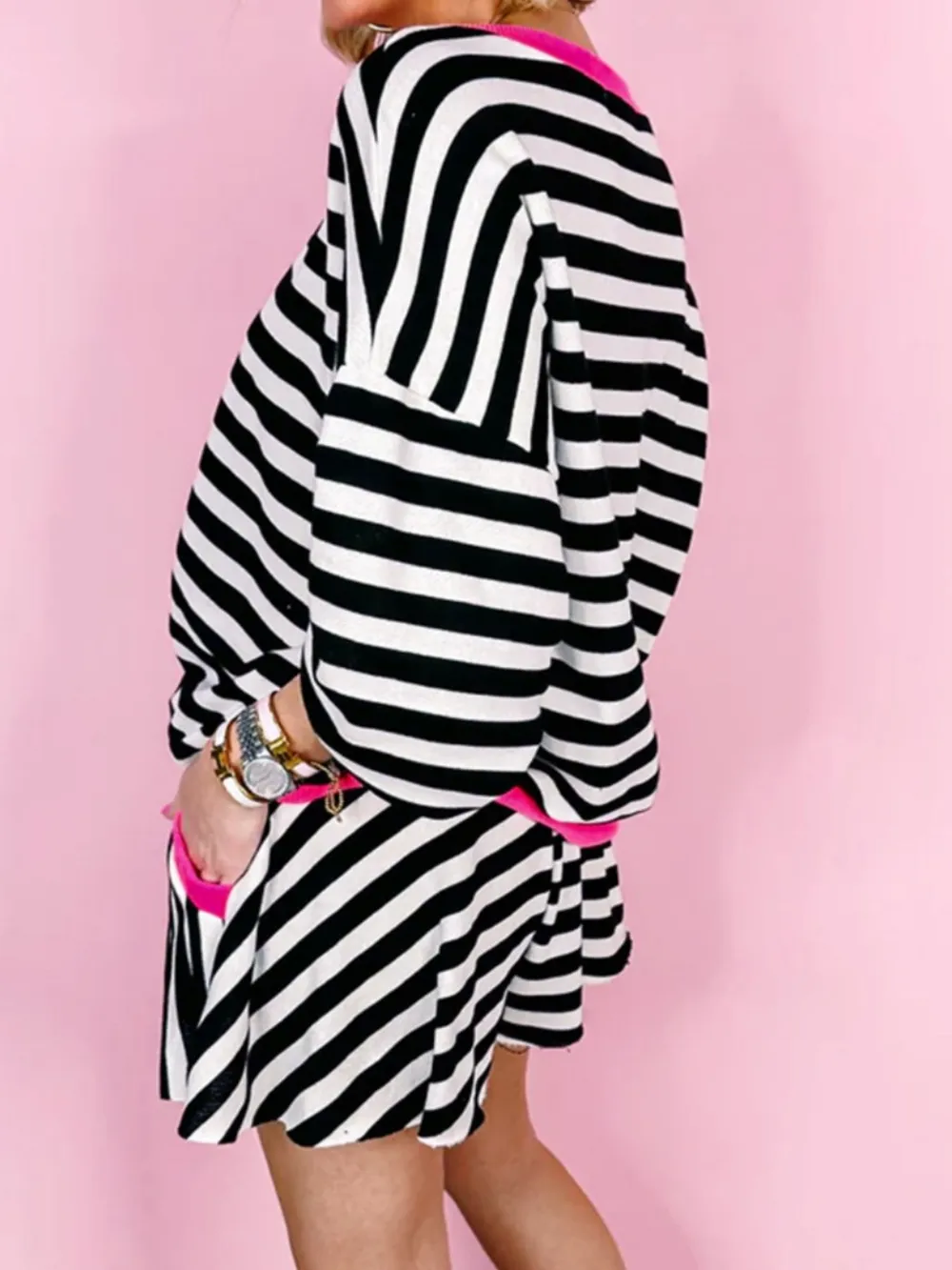 Stripe Contrast Ribbed Banding Long Sleeve Blouse and Loose Shorts Set, image 8