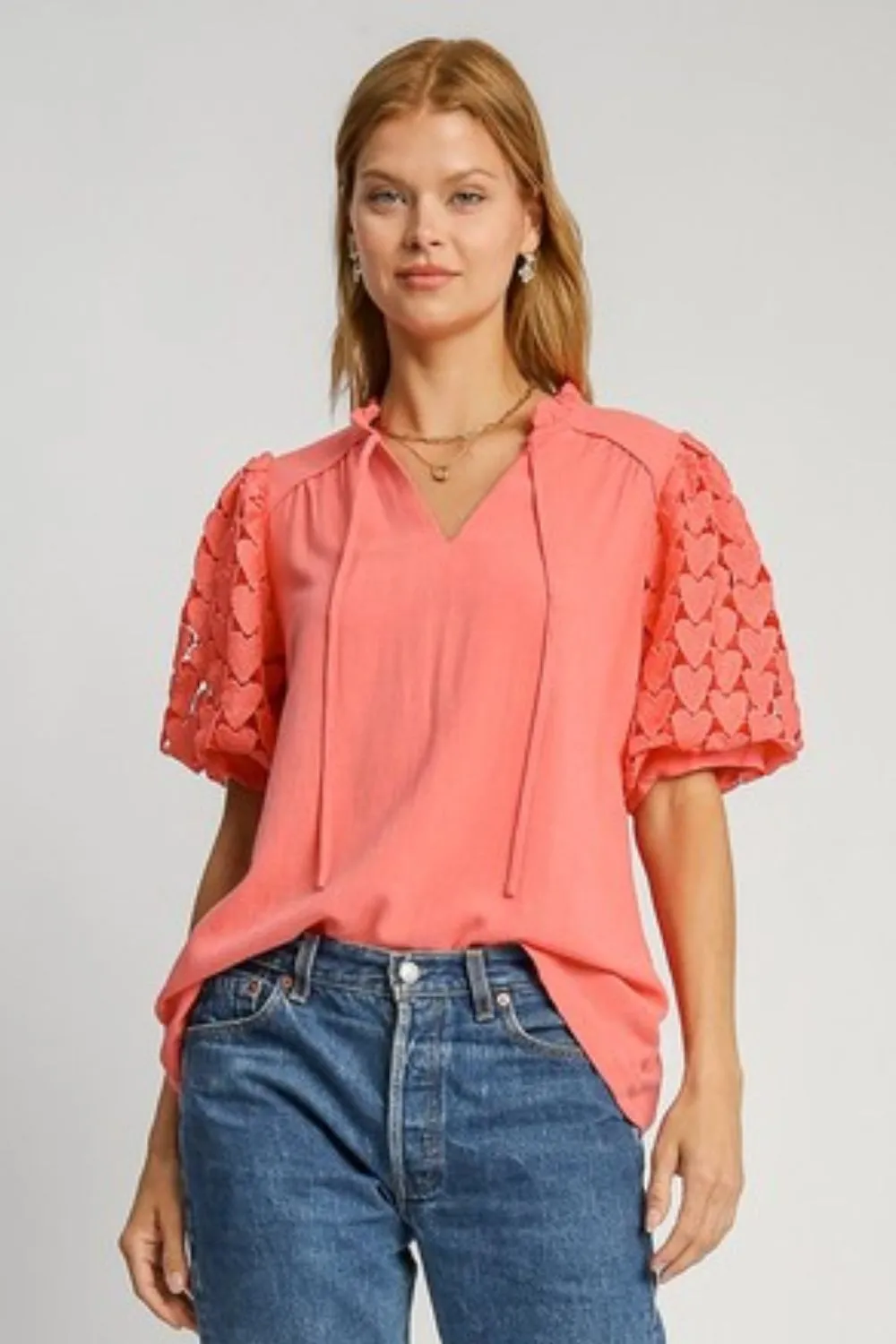 Full Size Heart Lace Sleeve Ruffle Collar Top Plus Size, image 4