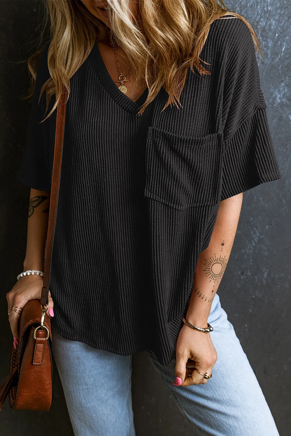 Textured V-Neck Dropped Shoulder T-Shirt, image 28