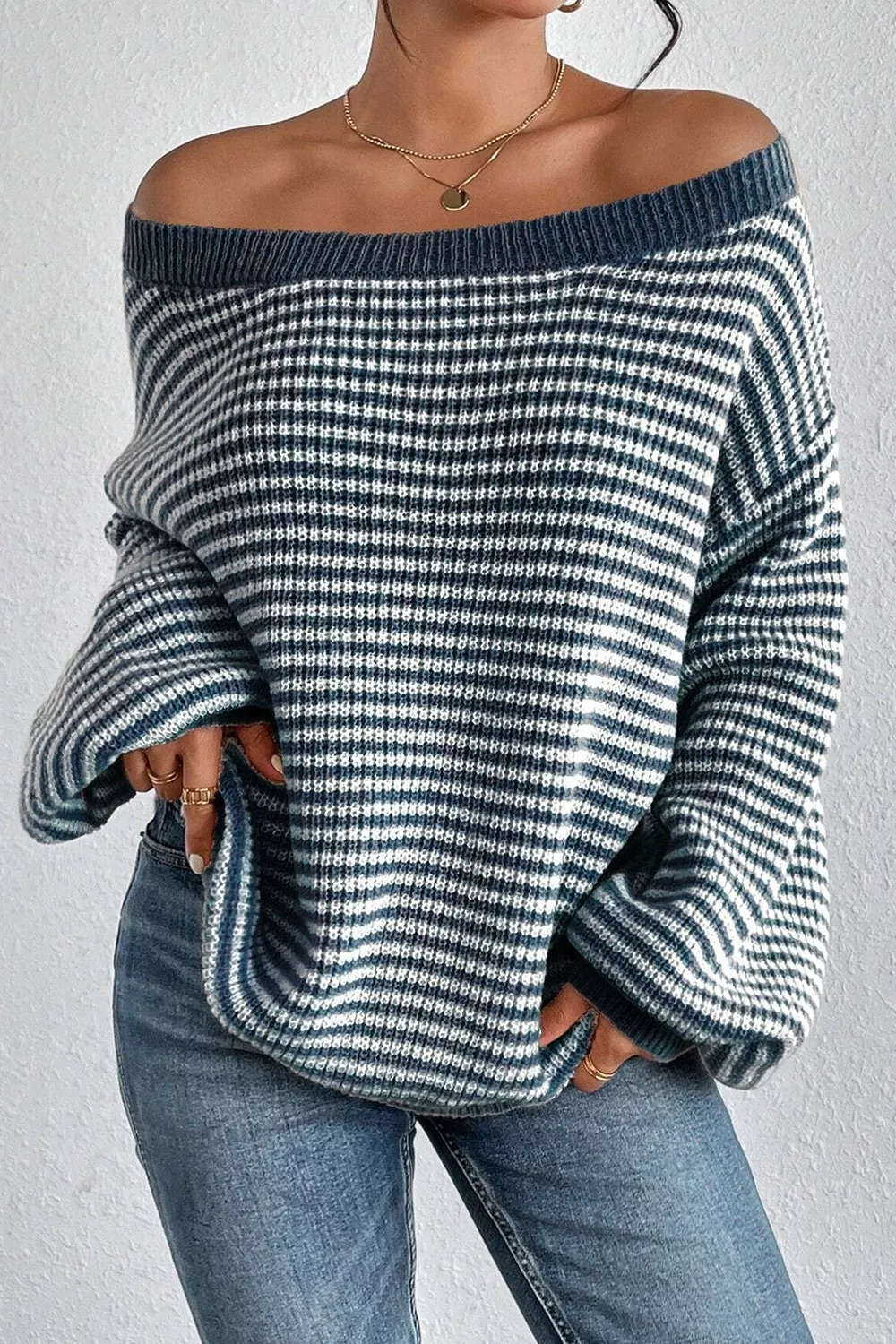 Striped Lantern Sleeve Drop Shoulder Cozy Sweater