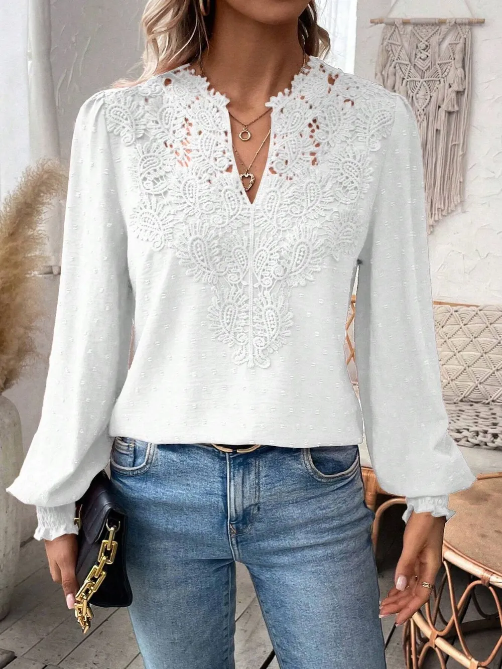 Swiss Dot Lace Detail Notched Long Sleeve Blouse, image 34