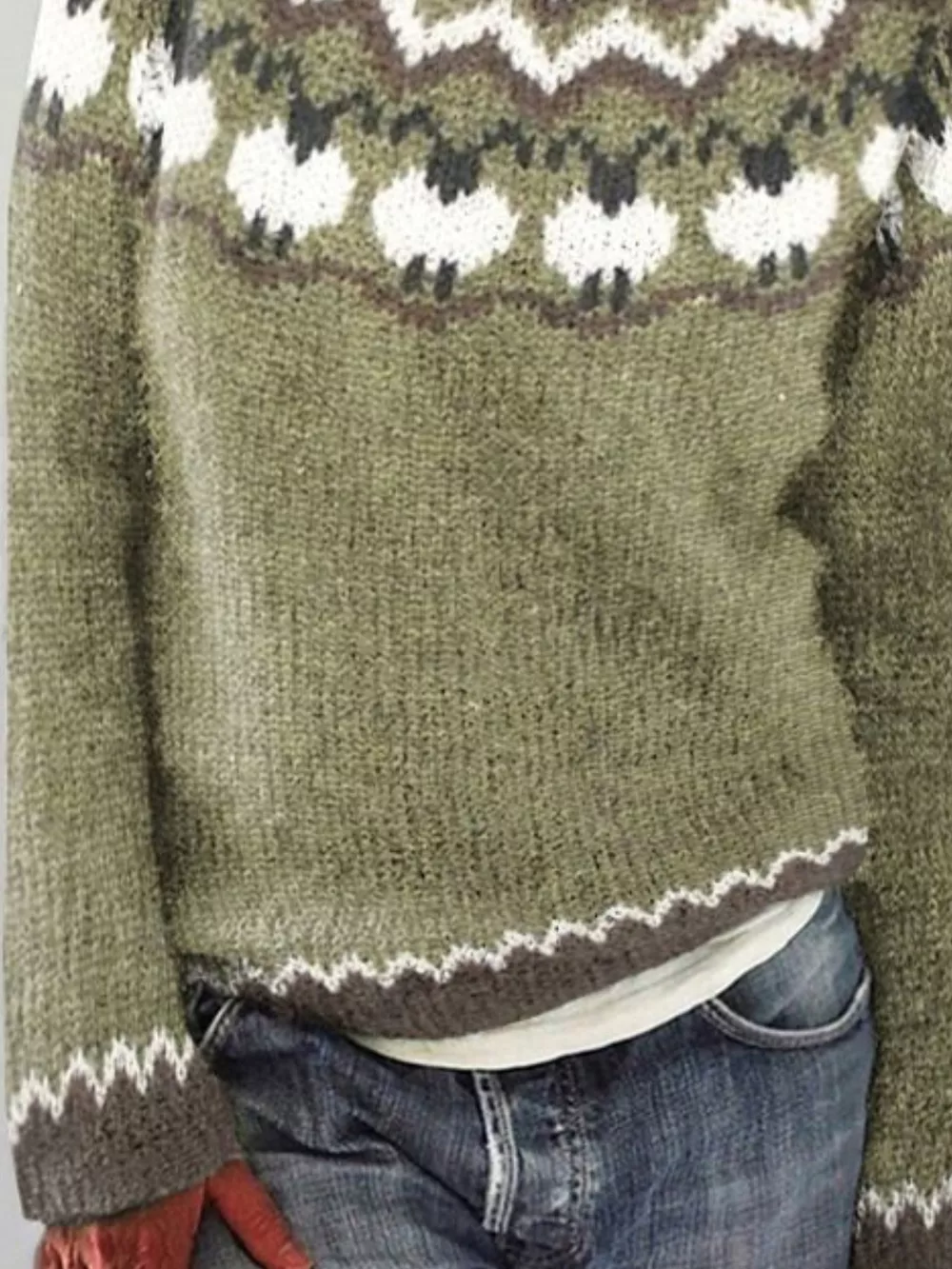 Full Size Vintage Patterned Round Neck Sweater Plus Size, image 12
