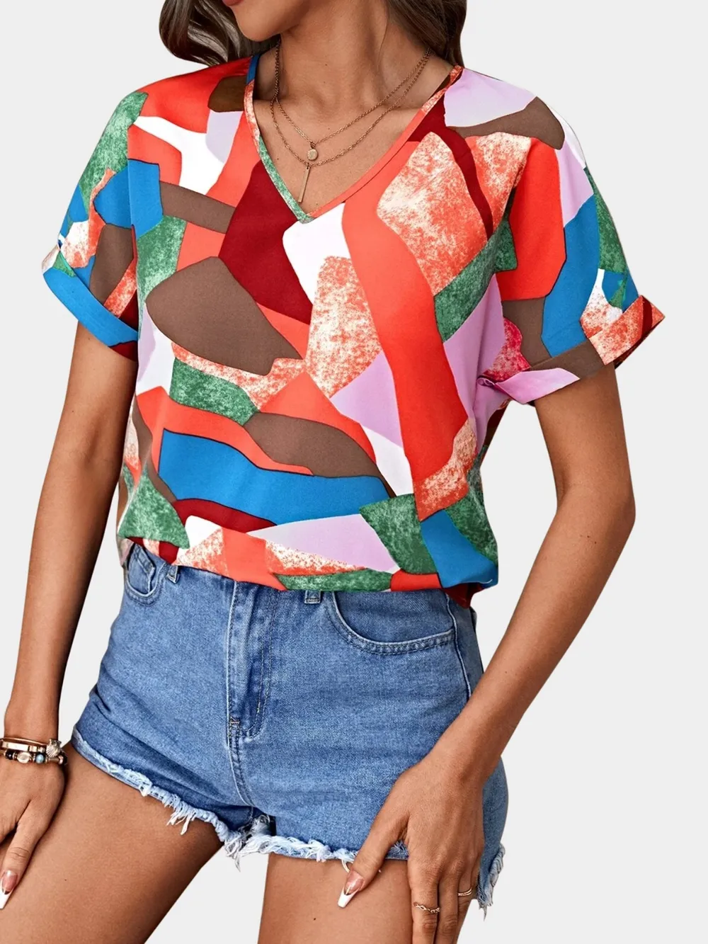 Printed V-Neck Short Sleeve Blouse, image 23
