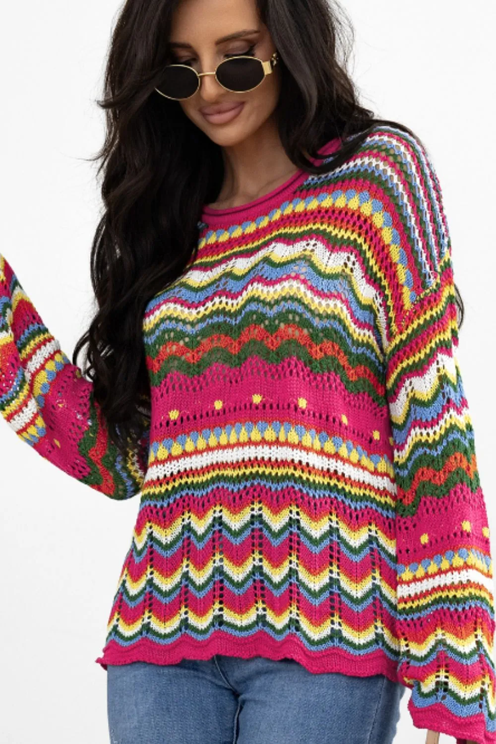 Openwork Contrast Round Neck Flare Sleeve Knit Top, image 13