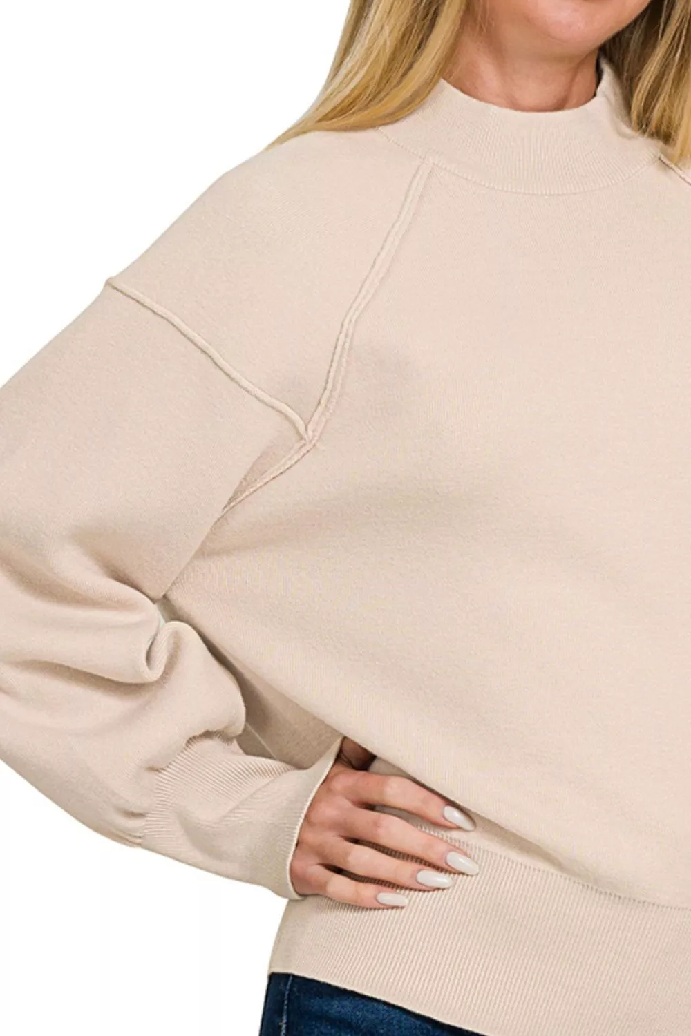 Viscose Mock Neck Exposed Seam Sweater, image 2