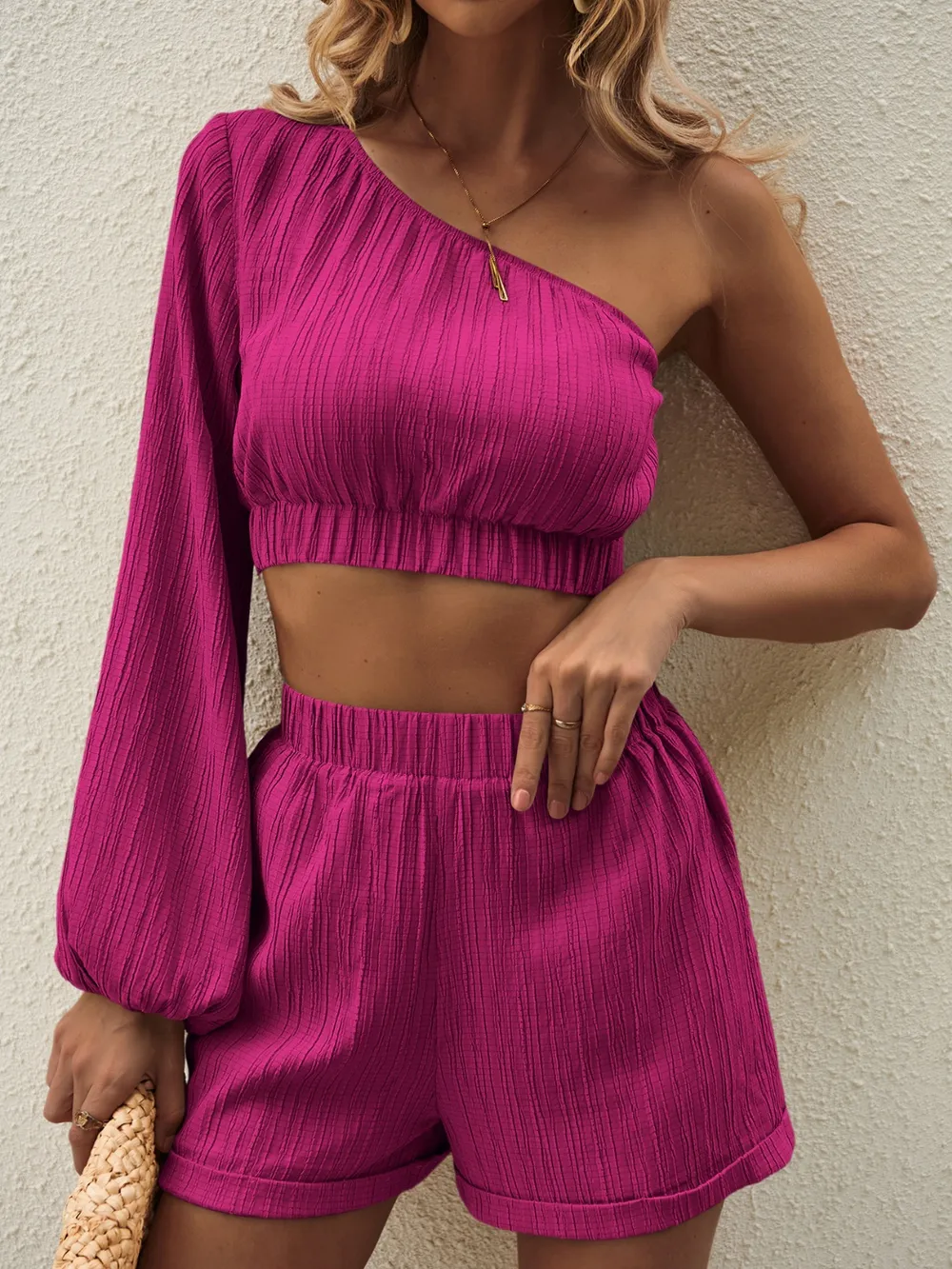 One Shoulder Long Sleeve Top and Shorts Set, image 35
