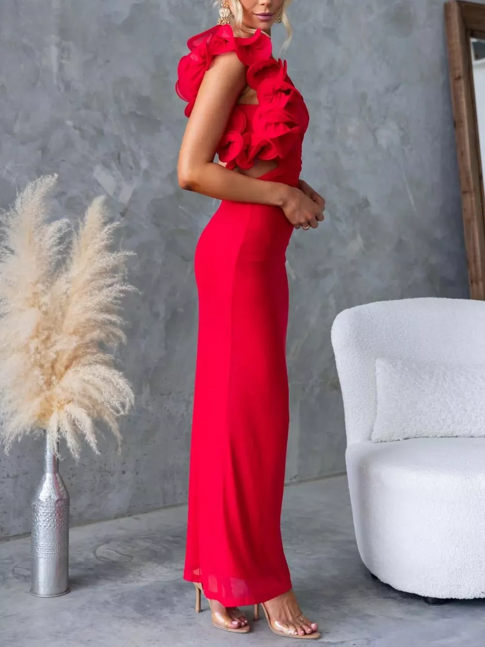 One-Shoulder Floral Trim Sleeveless Maxi Dress, image 36