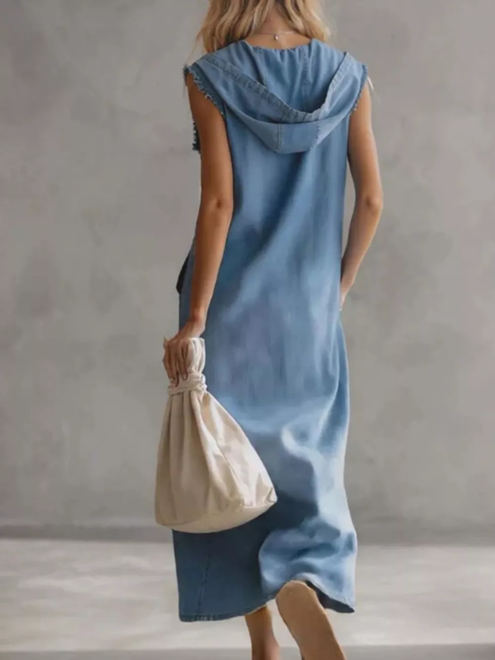 Slit Sleeveless Hooded Denim Maxi Dress, image 2