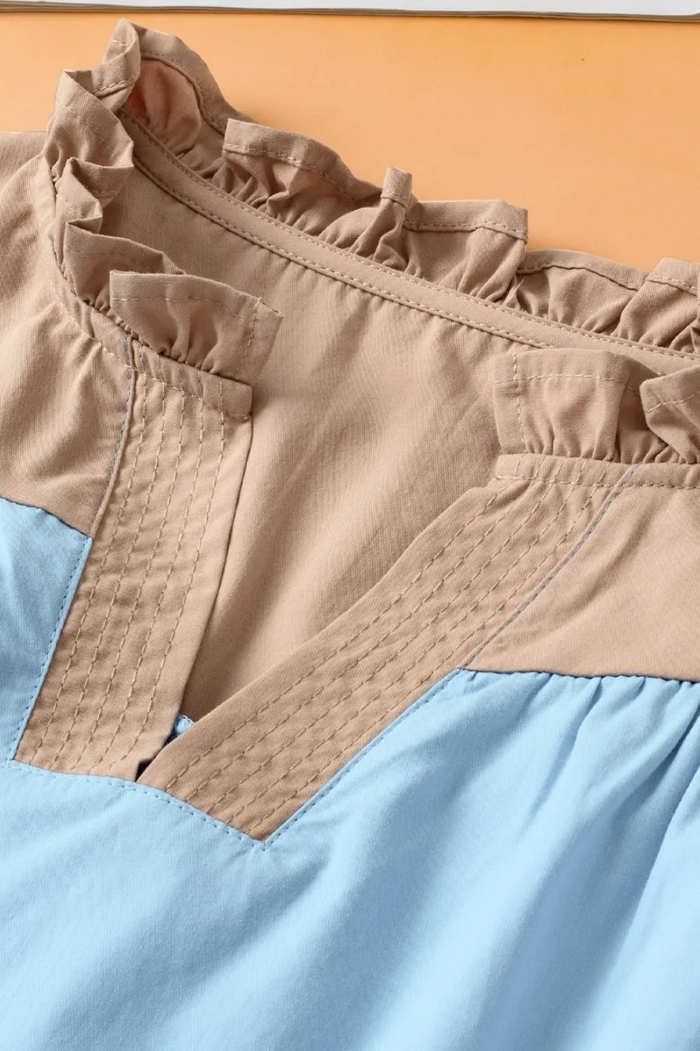 Color Block Notched Ruffled Cap Sleeve Blouse, image 15