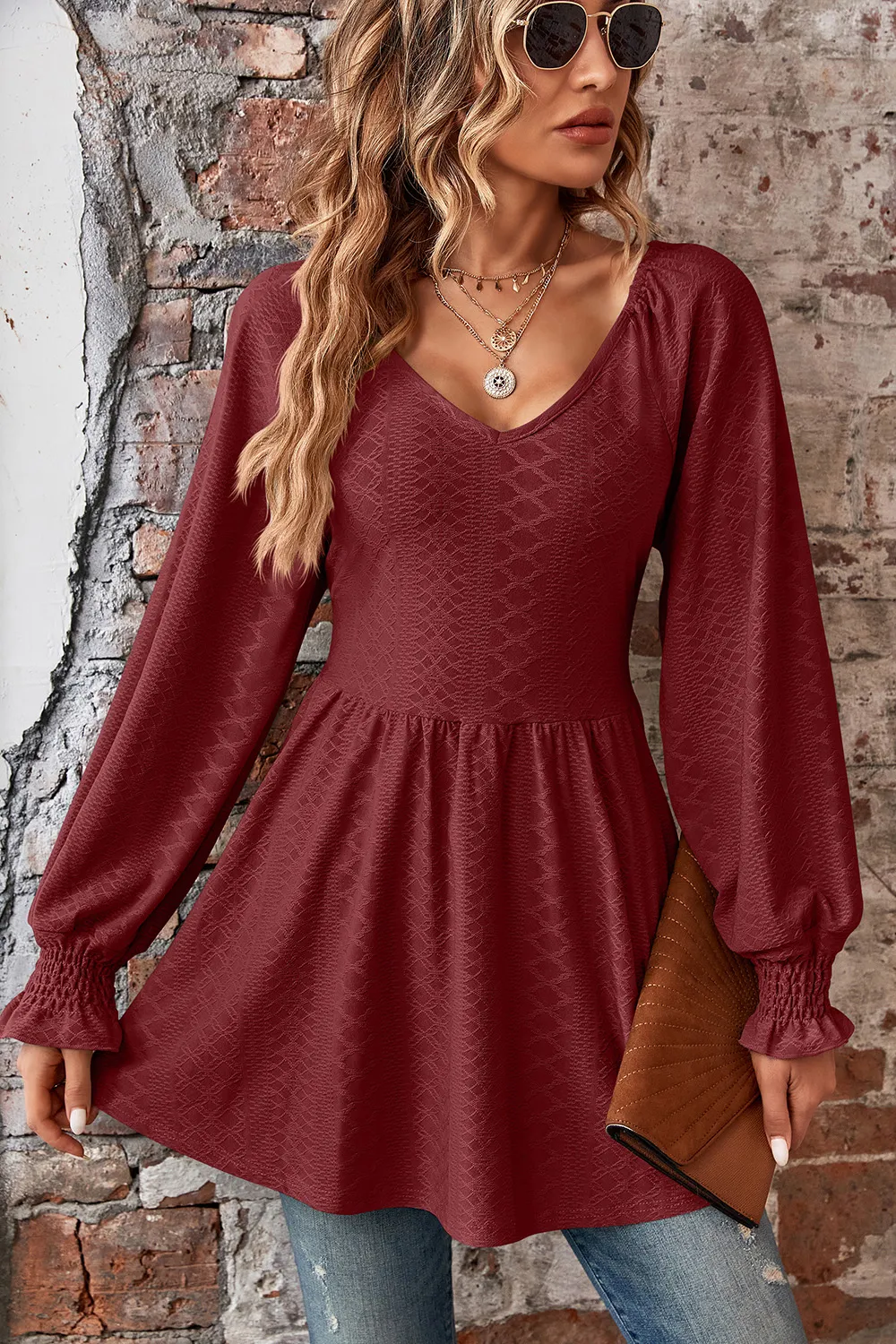 Peplum V-Neck Long Sleeve Blouse, image 32