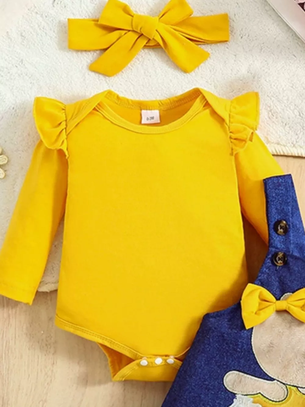 Children's Ruffled Bodysuit and Overall Dress Set with Headband, image 3