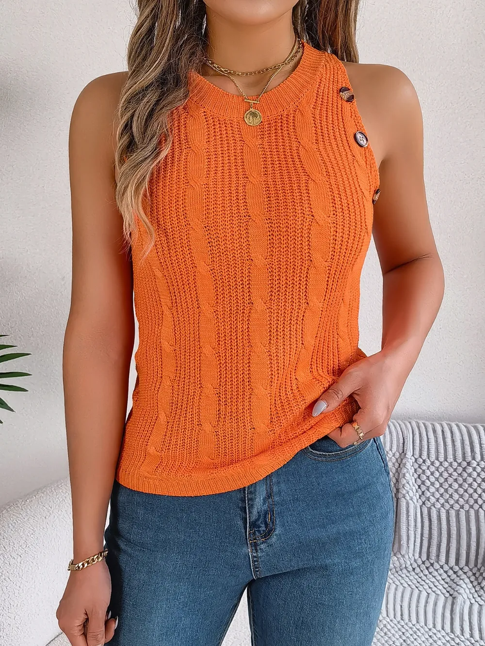 Cable-Knit Round Neck Vest, image 13