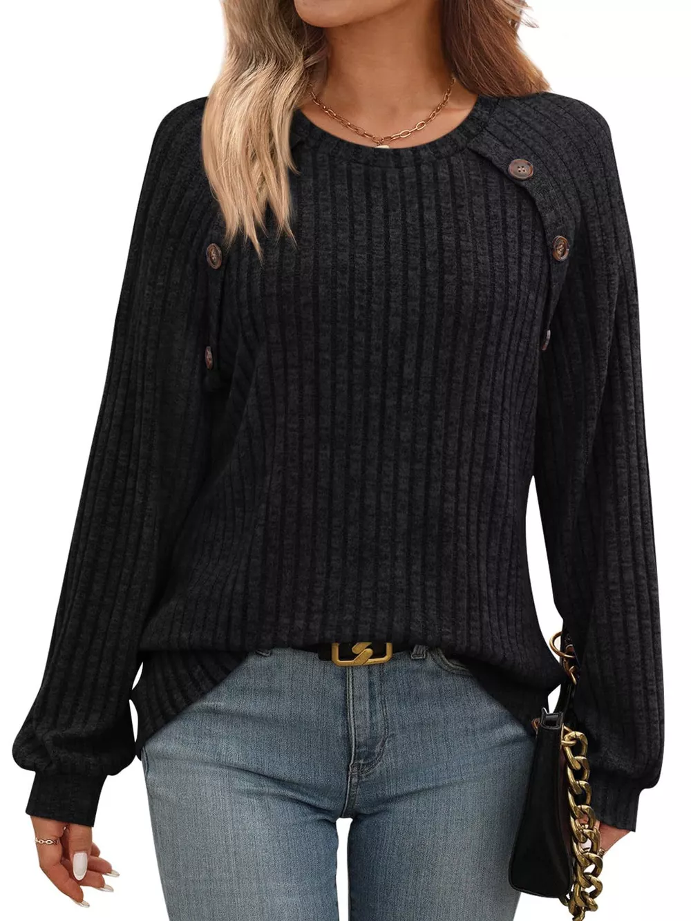 Ribbed Knit Decor Button Long Sleeve T-Shirt, image 9