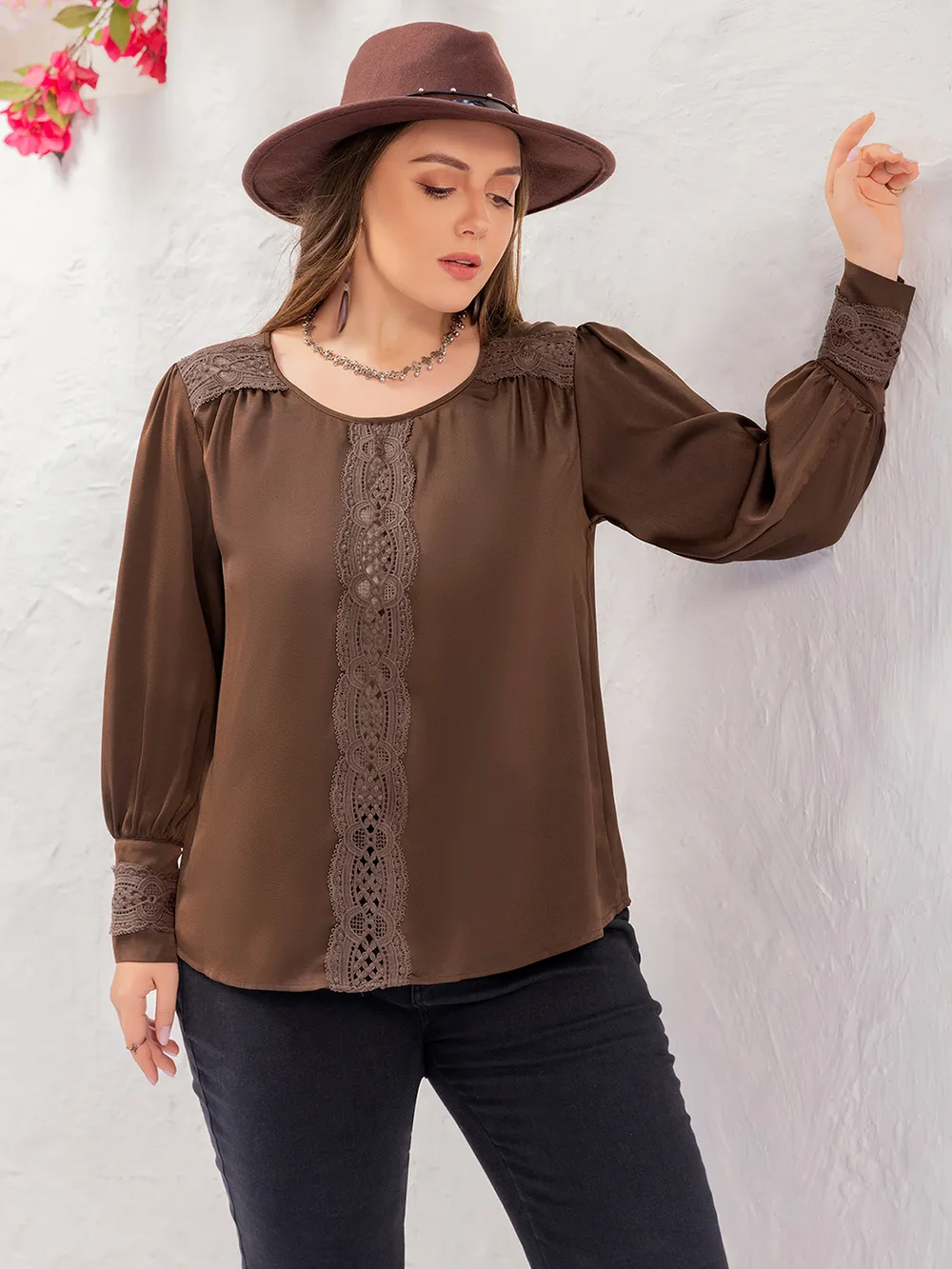 Plus Size Lace Detail Round Neck Long Sleeve Blouse, image 6