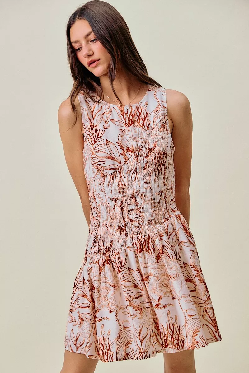 Shell Print Smocked Fit And Flare Mini Lined Dress