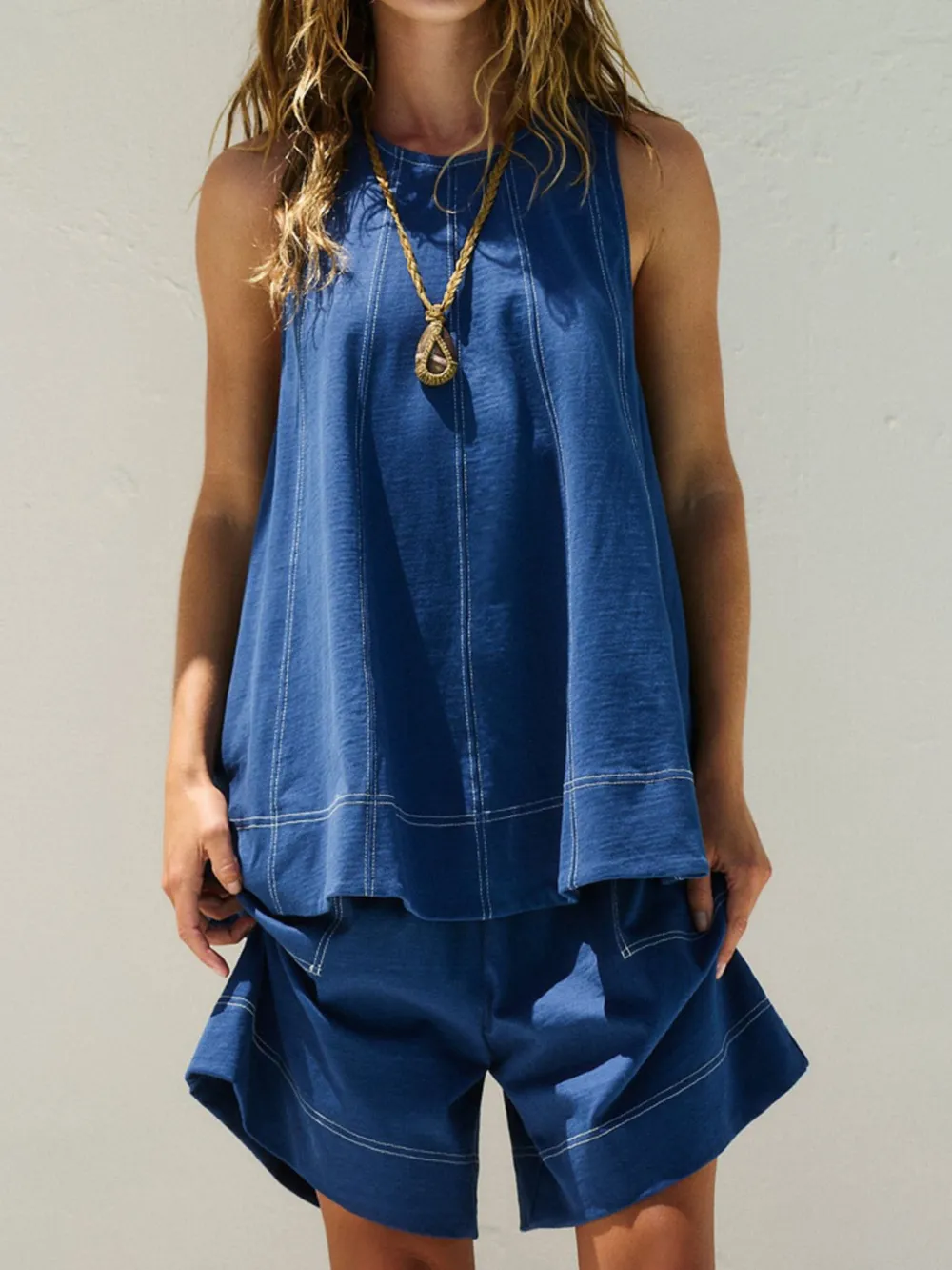 Casual Contrast Stitch Denim Tank Top and Shorts Set, image 3