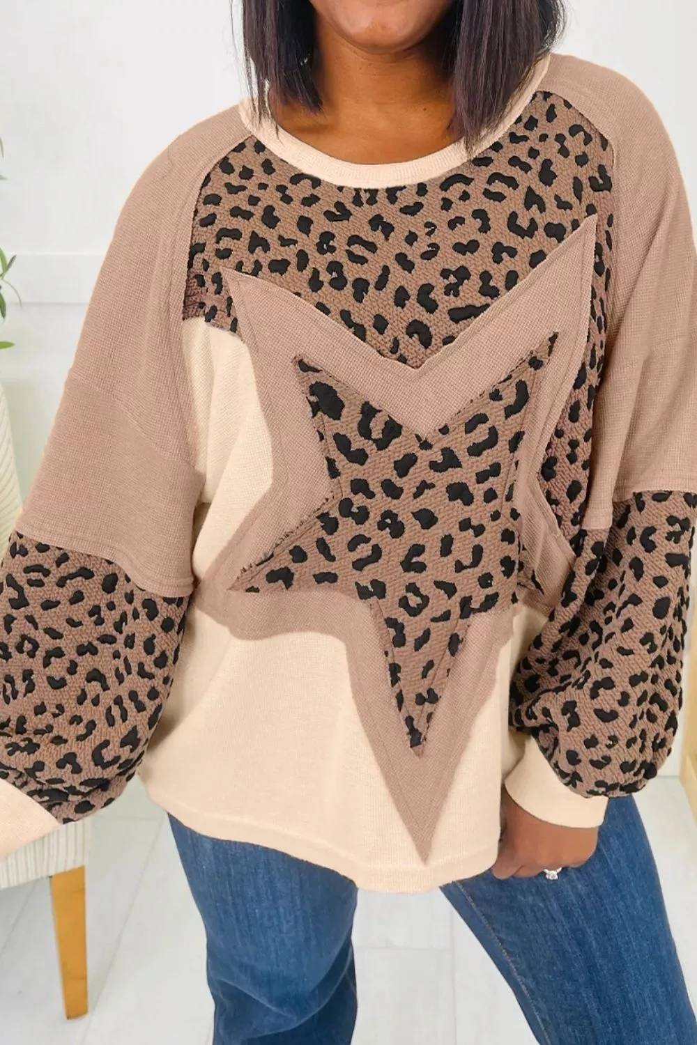 Leopard Star Patchwork Round Neck Sweatshirt, image 3