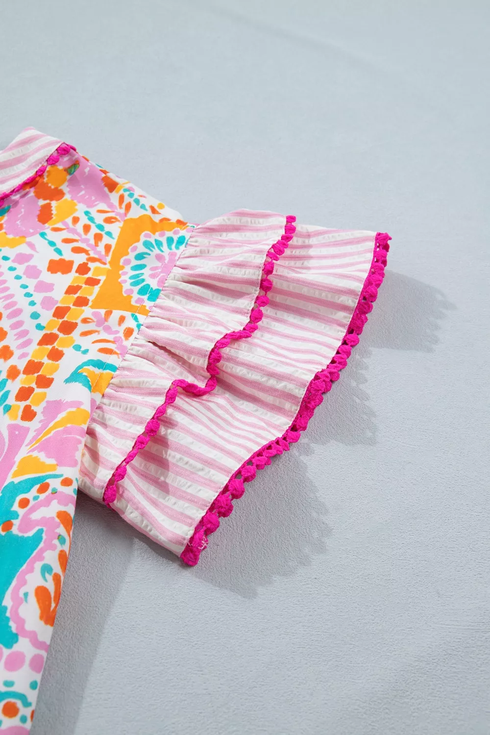 Mixed Print Contrast Trim Striped Patchwork Tiered Short Sleeve Blouse, image 9