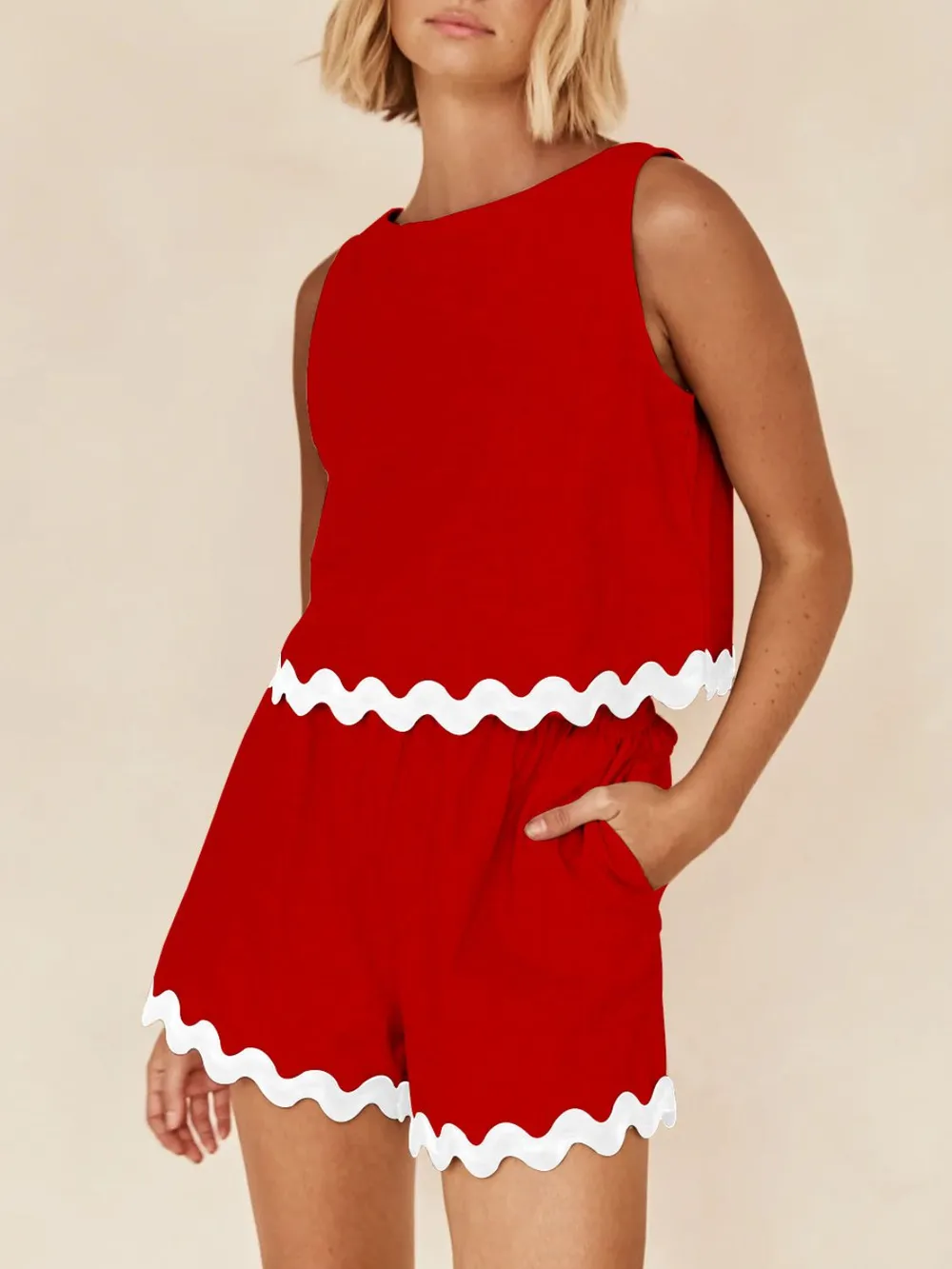 Contrast Trim Round Neck Tank and Shorts Set, image 6