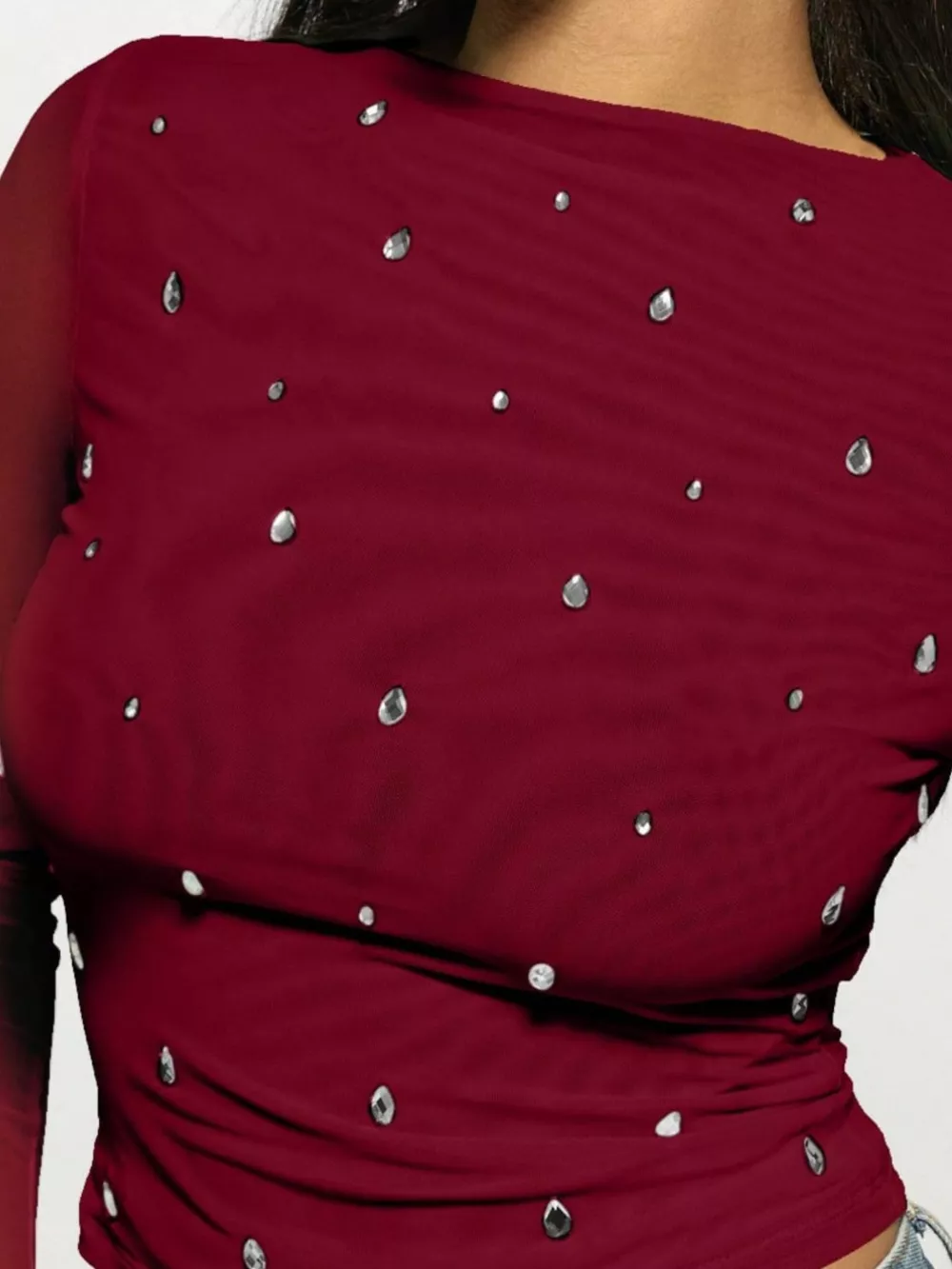 Rhinestone Embellished Long Sleeve T-Shirt, image 4