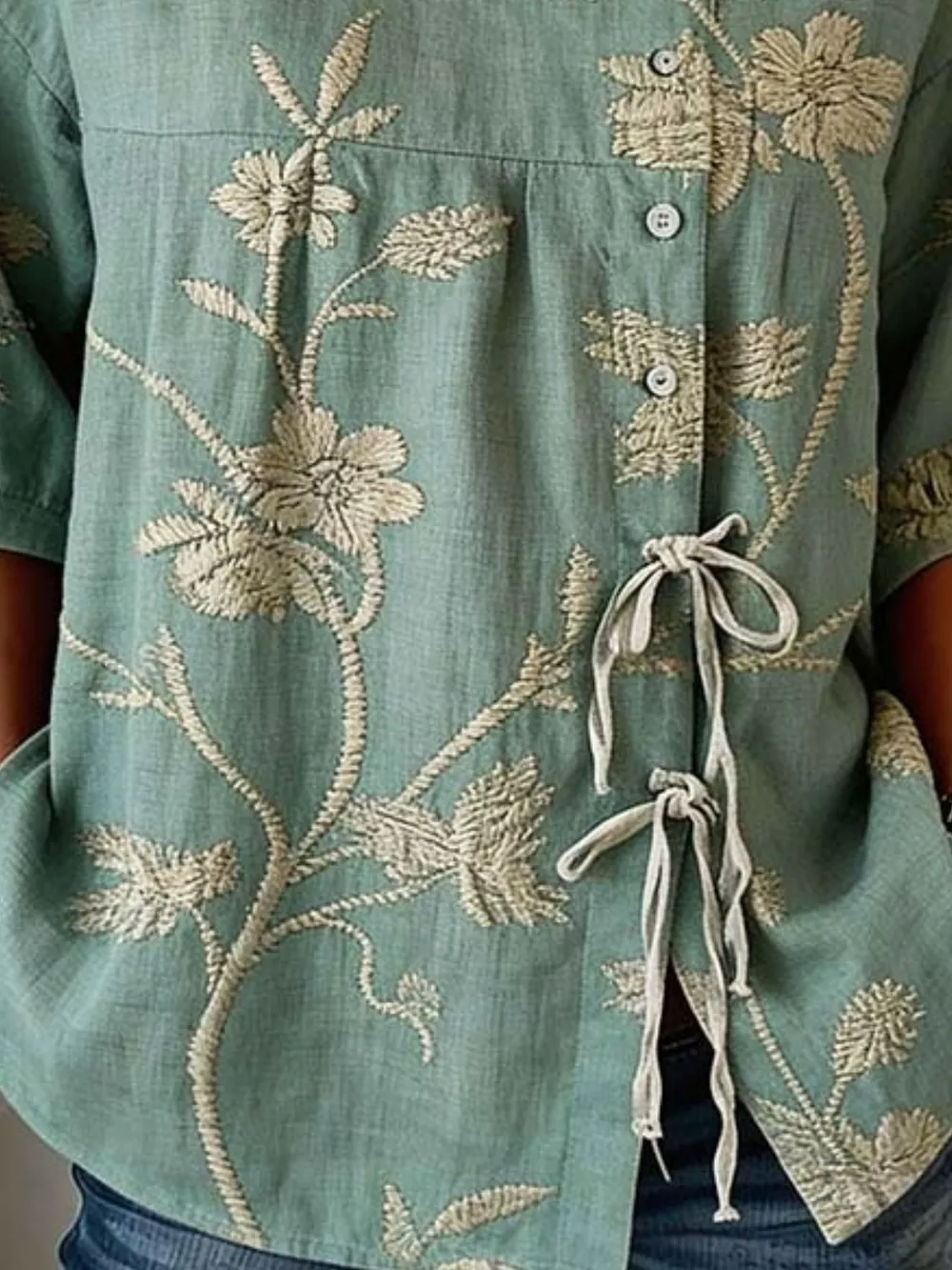 Full Size Embroidered Floral Tie Front Shirt Plus Size, image 3