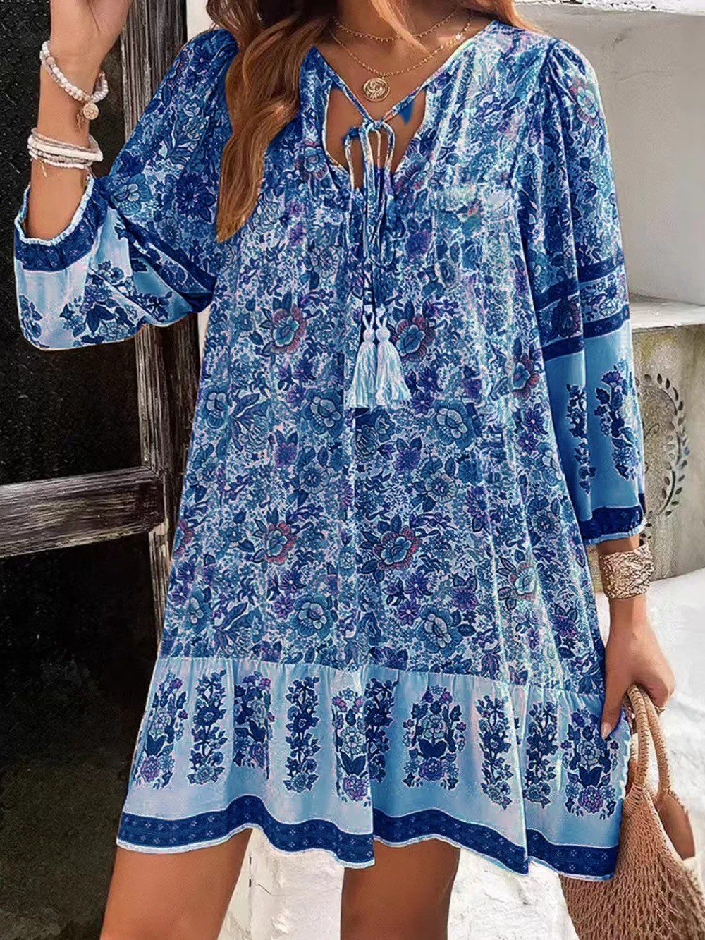 Floral Print Tassel Tie Neck Mini Dress, image 22