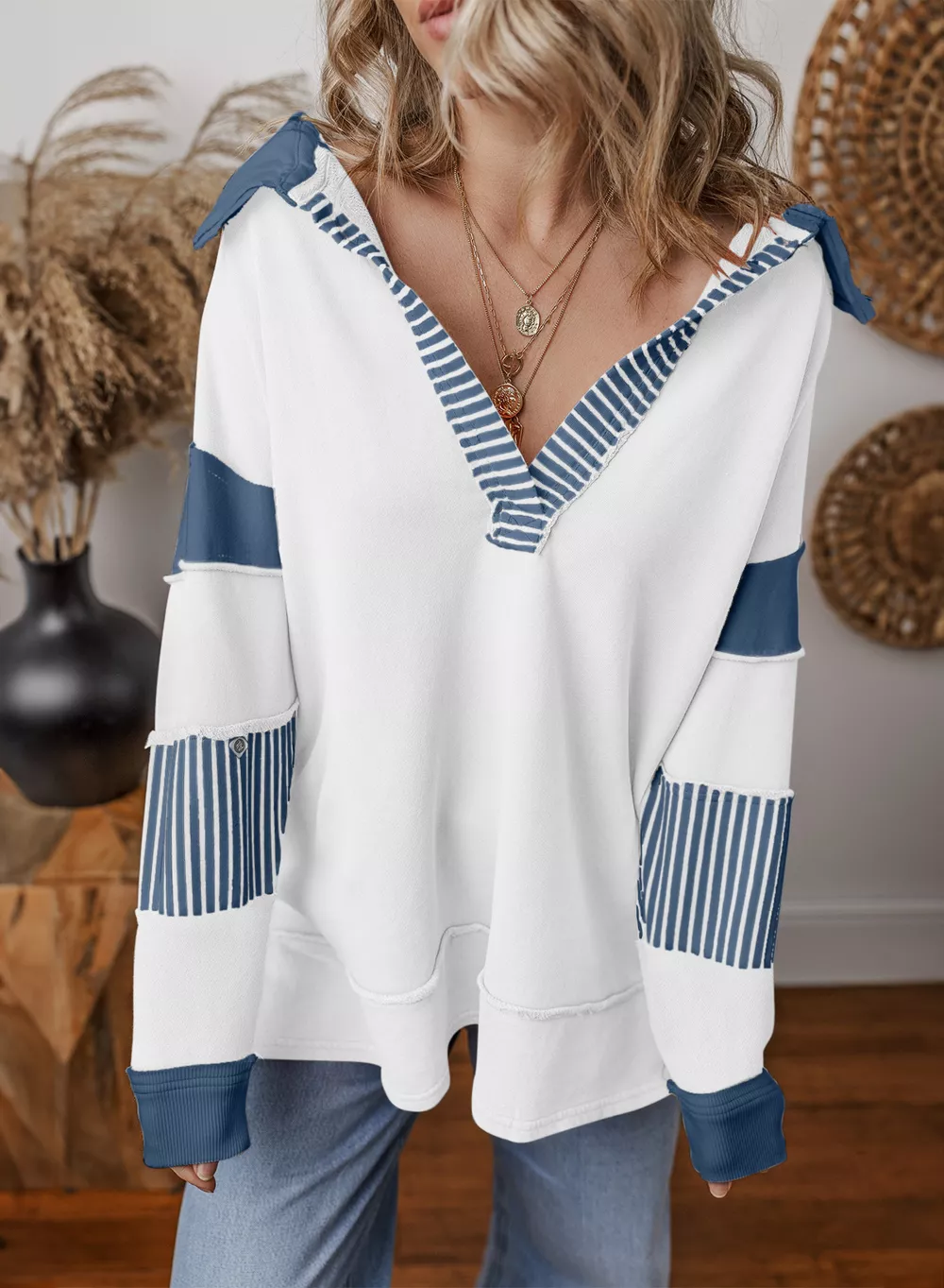 Color Block Striped Johnny Collar Sweatshirt, image 31