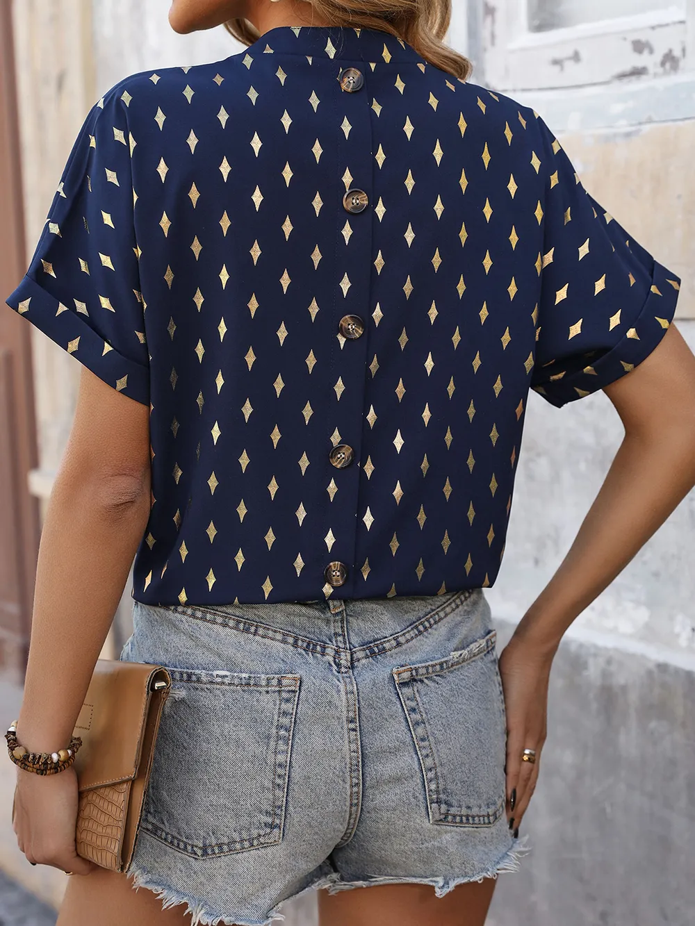 Printed Notched Short Sleeve Blouse, image 4