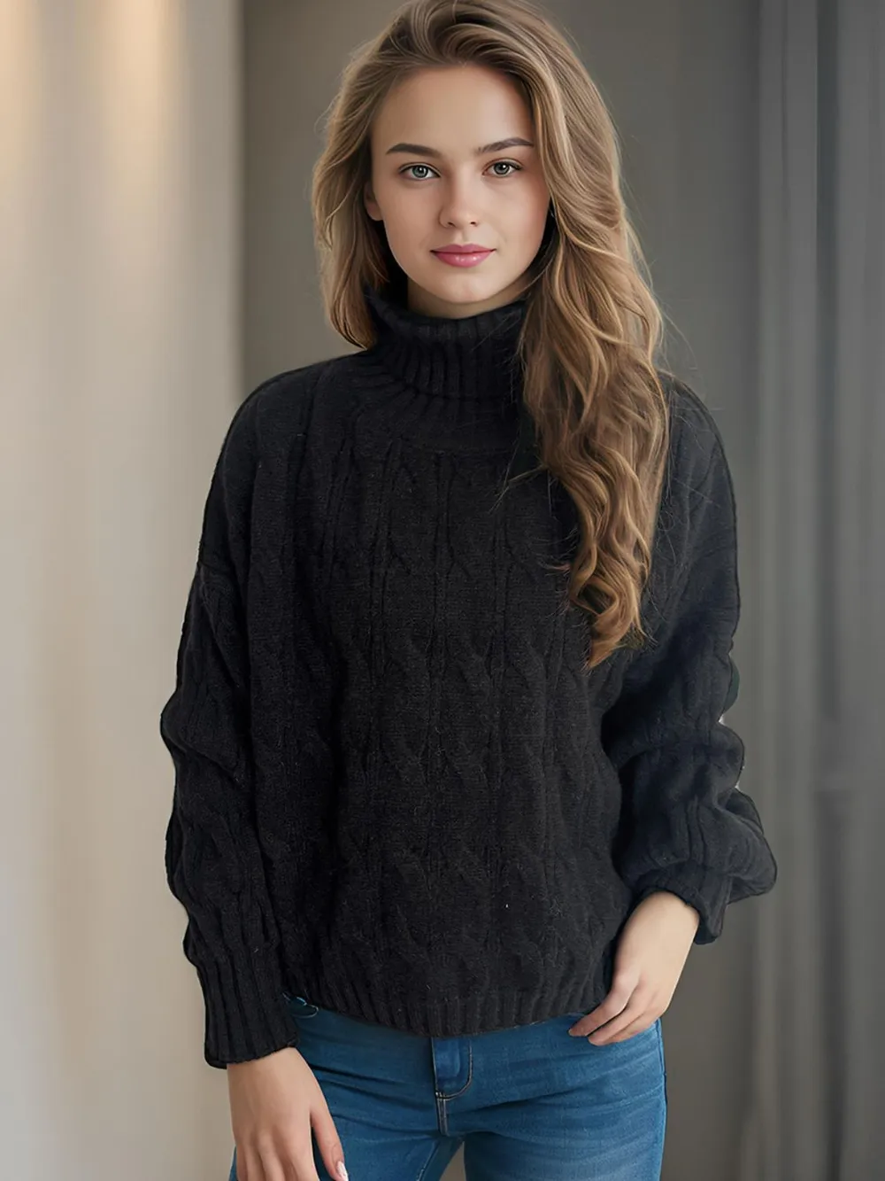 Cable-Knit Turtleneck Long Sleeve Sweater, image 7