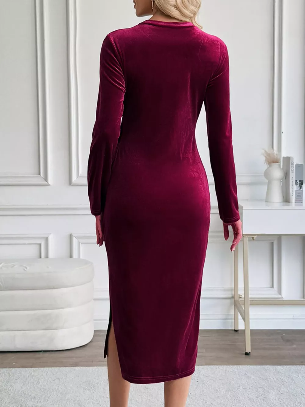 Velvet Slit Round Neck Long Sleeve Dress with Side Tie Detail, image 5