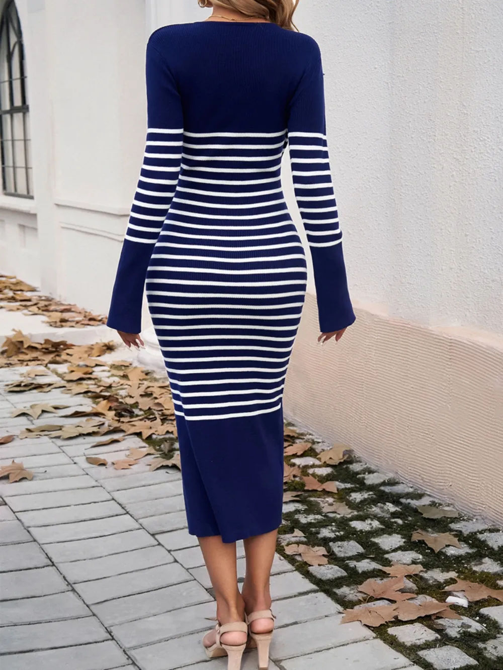 Striped V-Neck Long Sleeve Sweater Dress, image 21