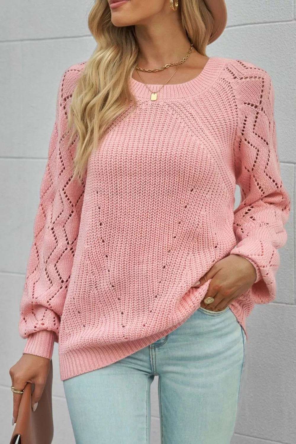 Hollow-Out Puffy Sleeve Knit Sweater, image 7