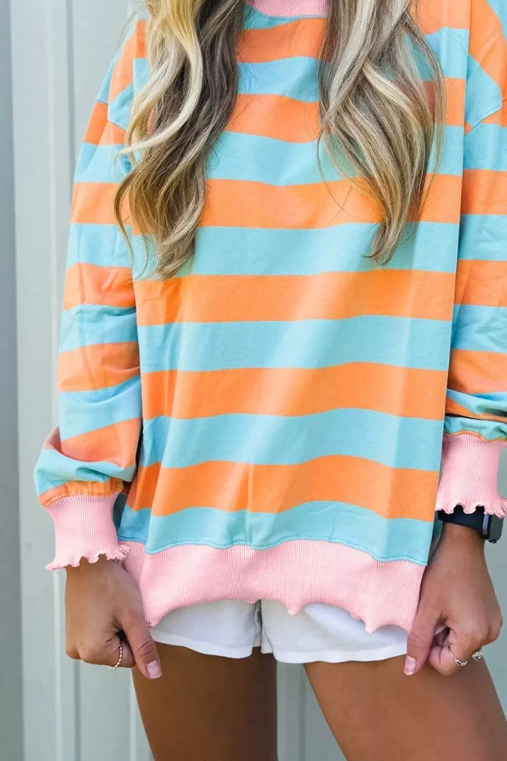 Striped Long Sleeve Top with Lettuce-Edge Cuffs, image 3