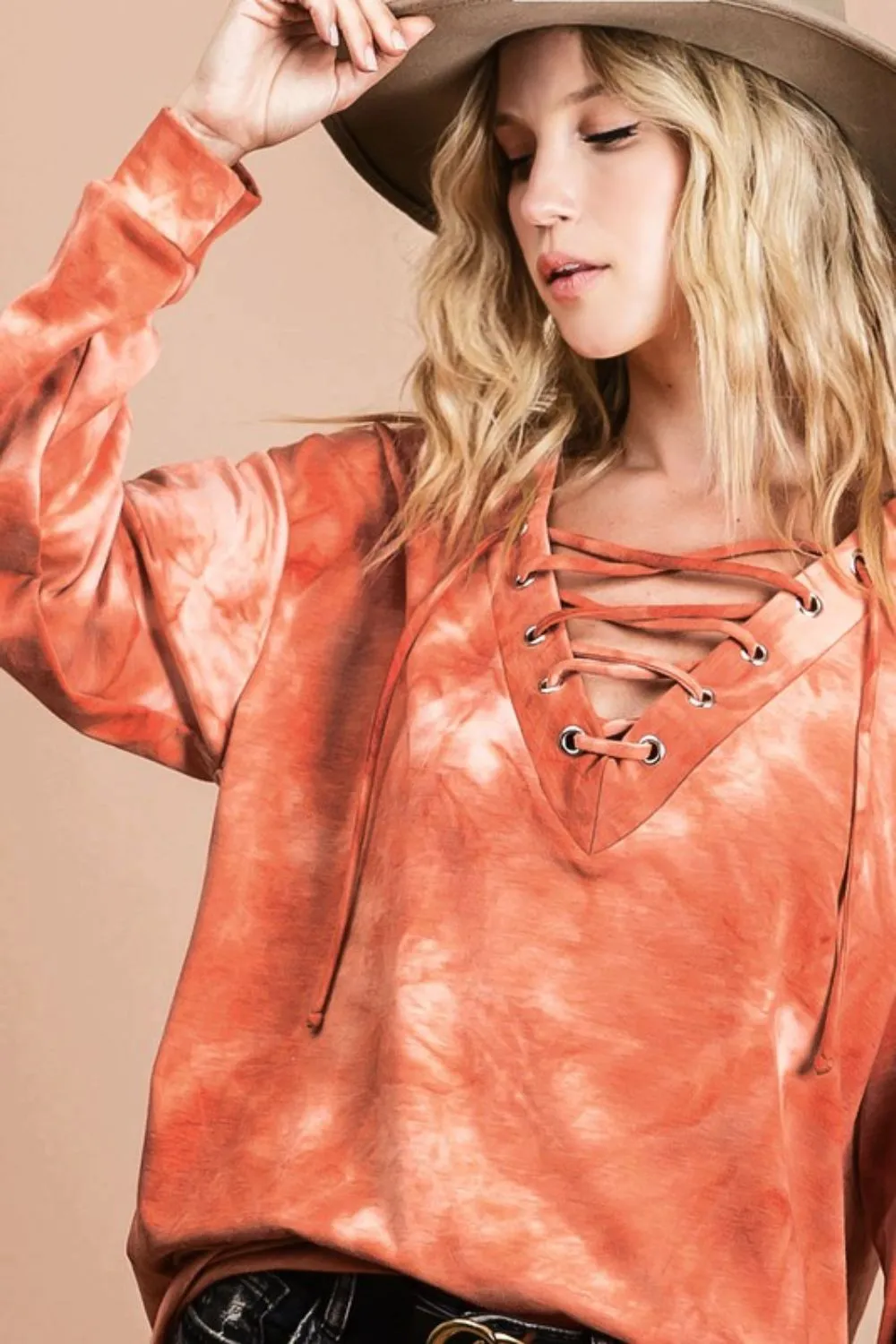 Lace-Up Tie-Dye French Terry Long Sleeve Top