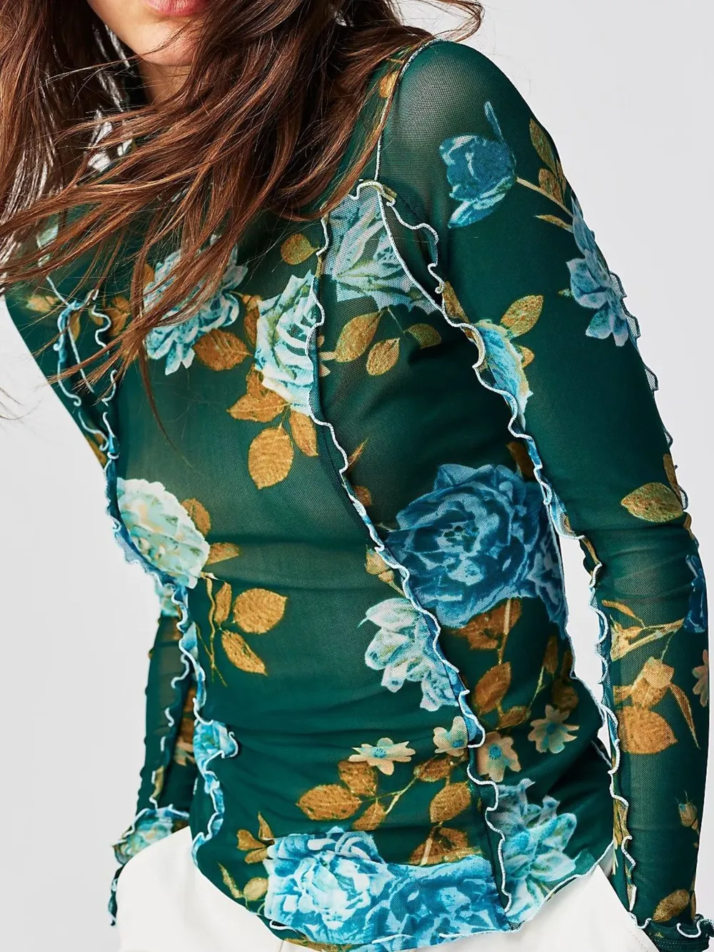 Floral Print Mock Neck Long Sleeve Top, image 9
