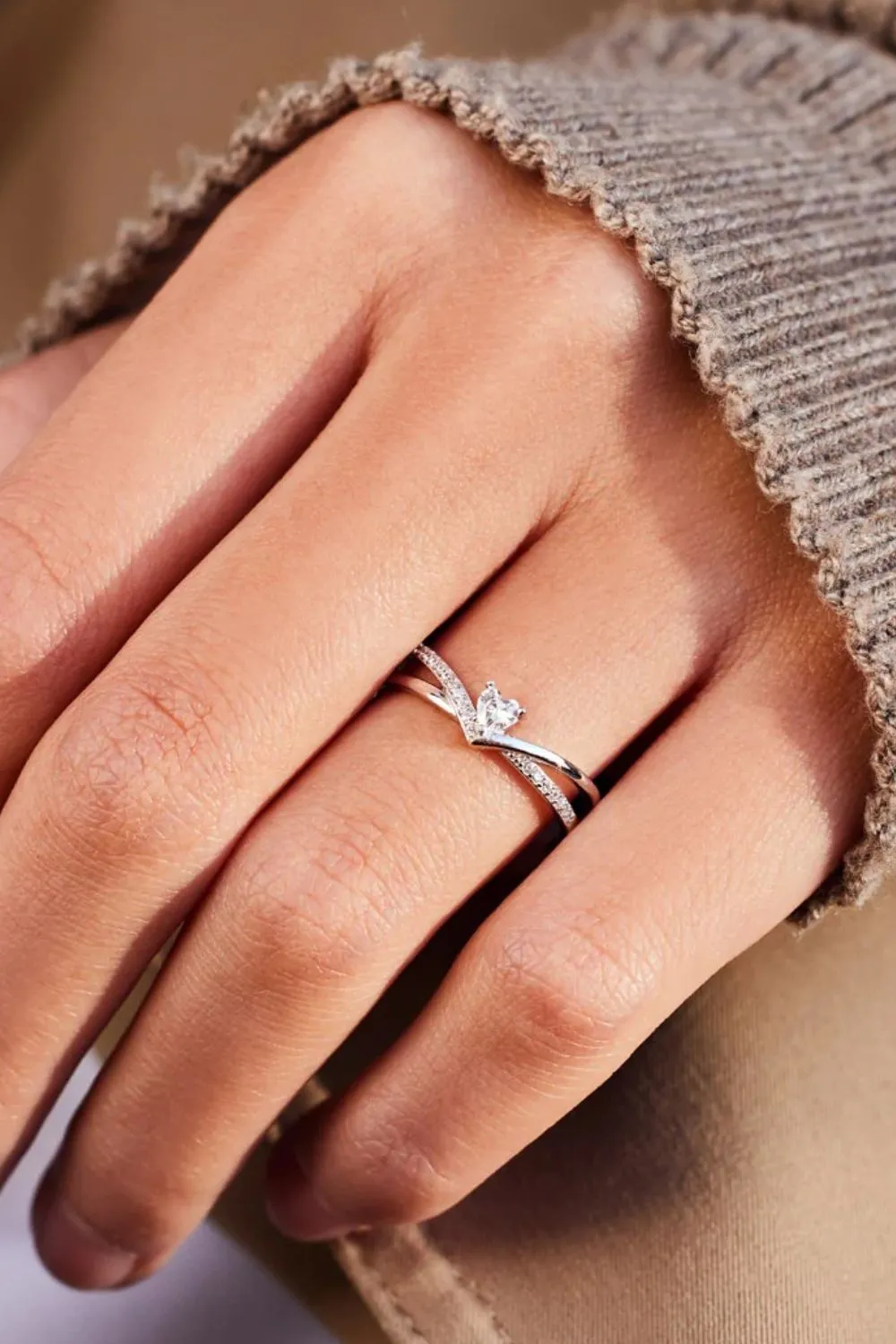 925 Sterling silver Inlaid Zircon Heart Open Ring, image 3